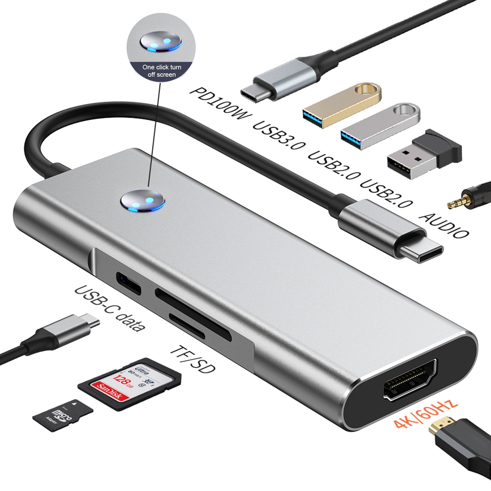 9 in 1 TYPE-C+USB3.0 USB2.0 HDMI SD/TF PD100W Audio Data Interface Hub Adapter