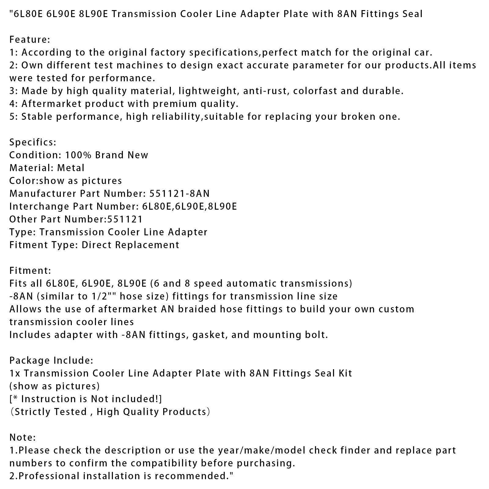 6L80E 6L90E 8L90E Transmission Cooler Line Adapter Plate with 8AN Fittings Seal