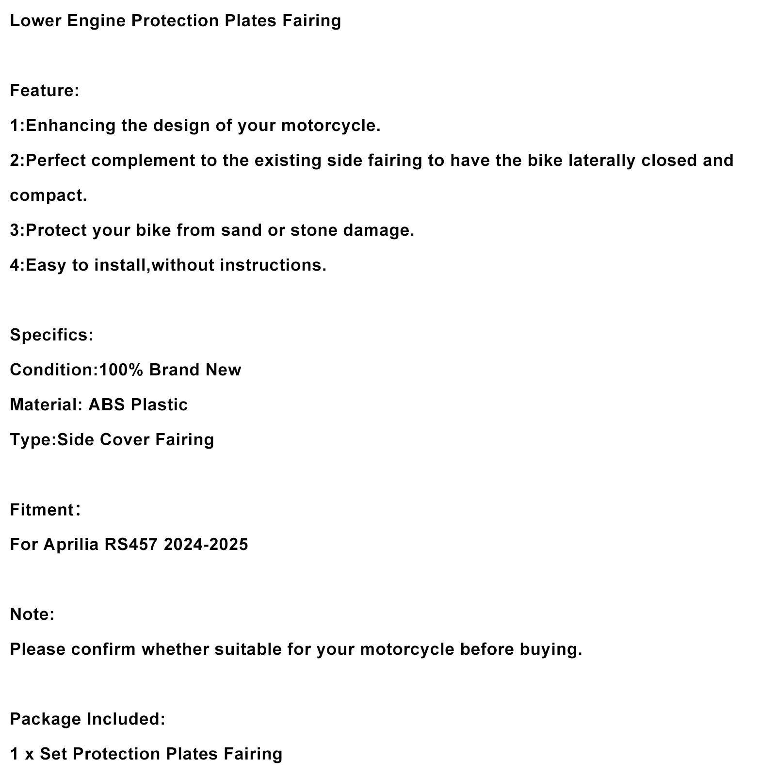 2024-2025 Aprilia RS457 RS 457 Engine Lower Belly Pan Panels Guard Fairing