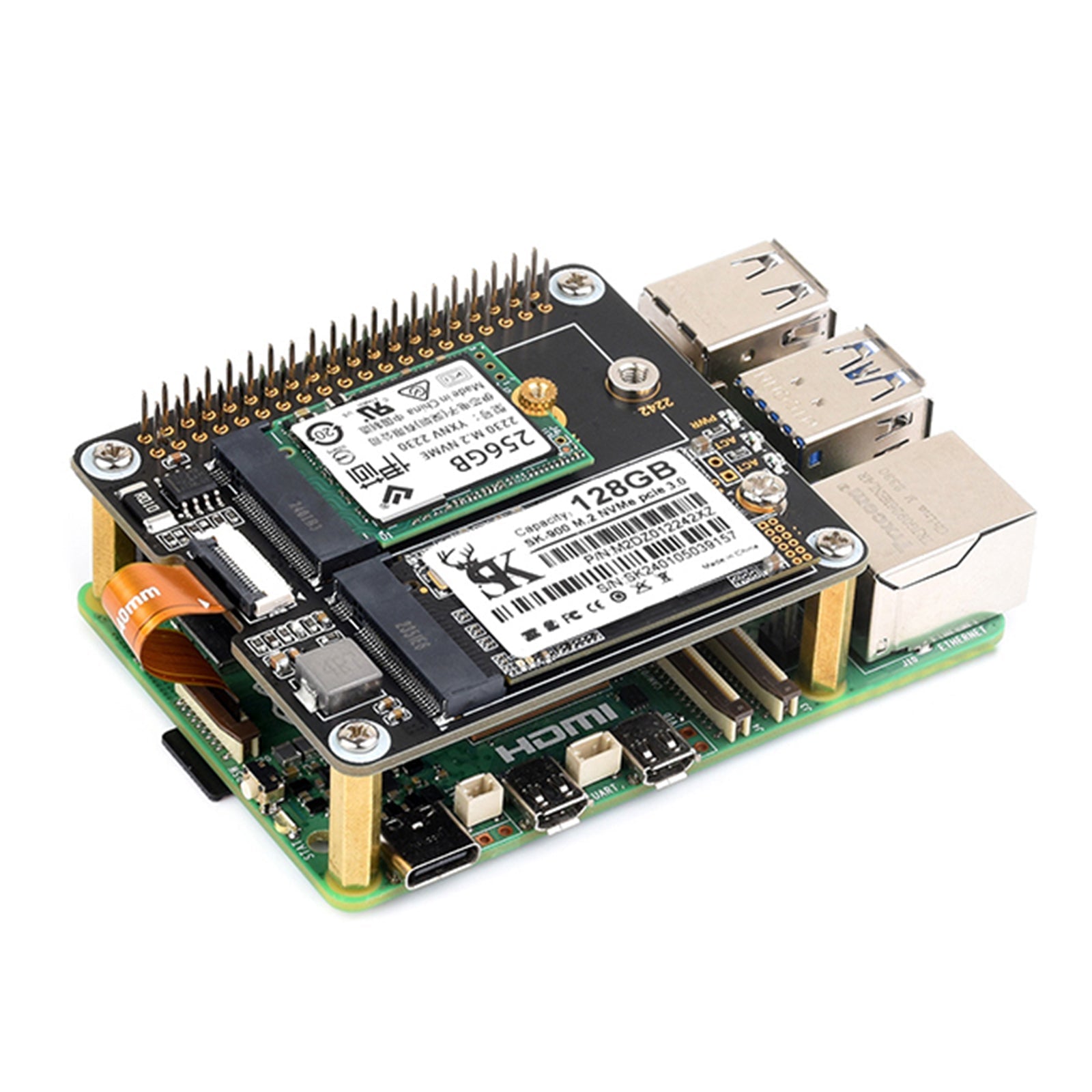 Raspberry Pi 5th Generation PCIe to Dual-Channel M.2 Hard Drive Expansion Board