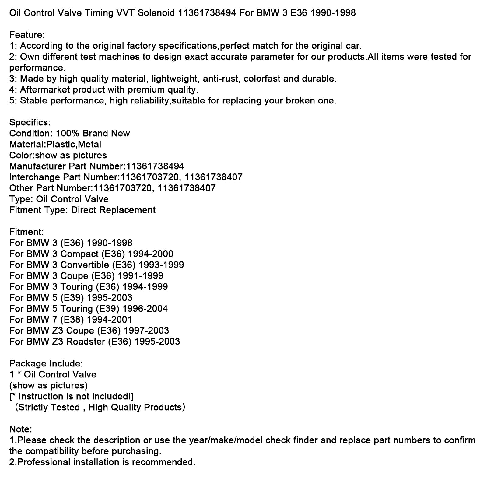 Oil Control Valve Timing VVT Solenoid 11361738494 For BMW 3 E36 1990-1998