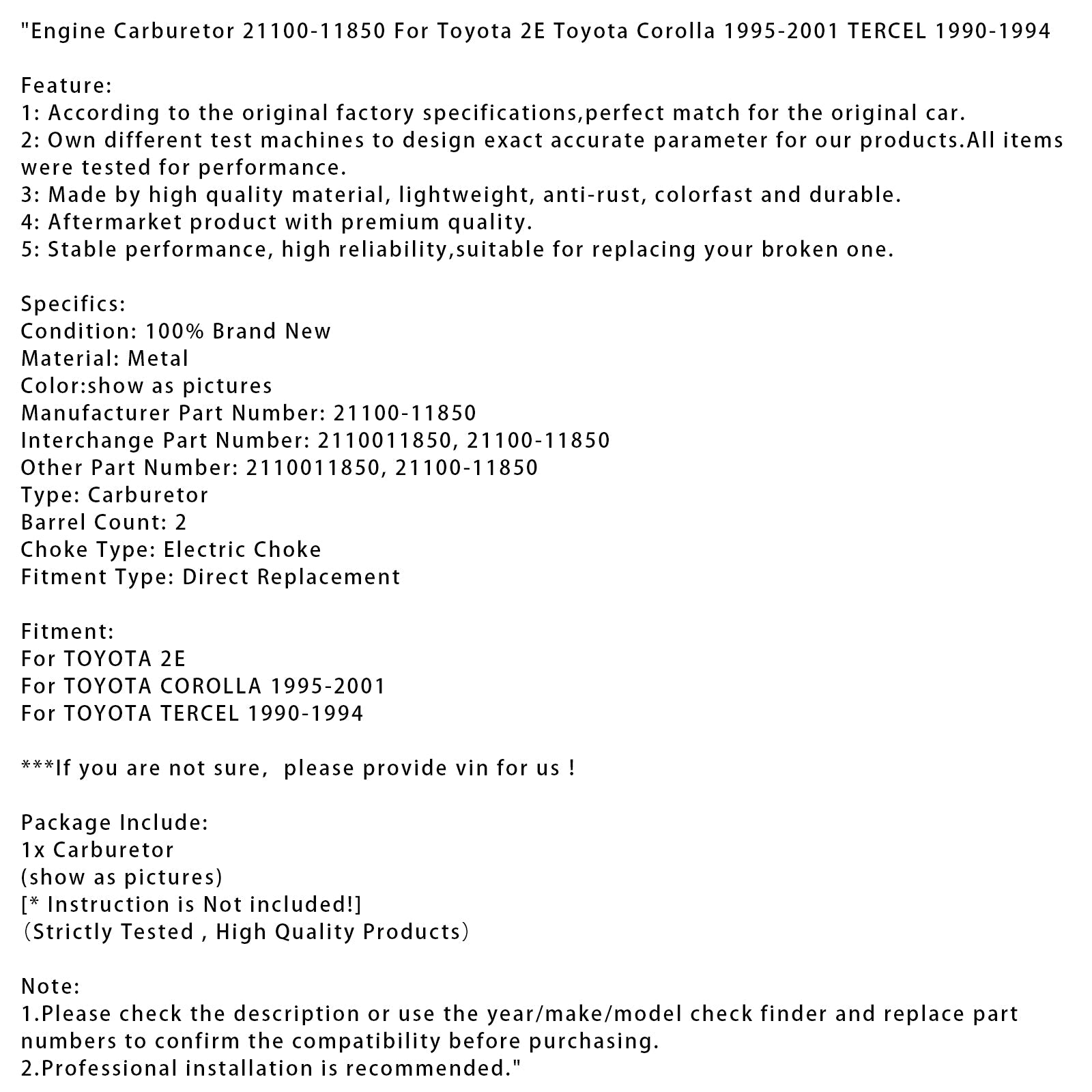 1995-2001 TOYOTA COROLLA Engine Carburetor 21100-11850 2110011850