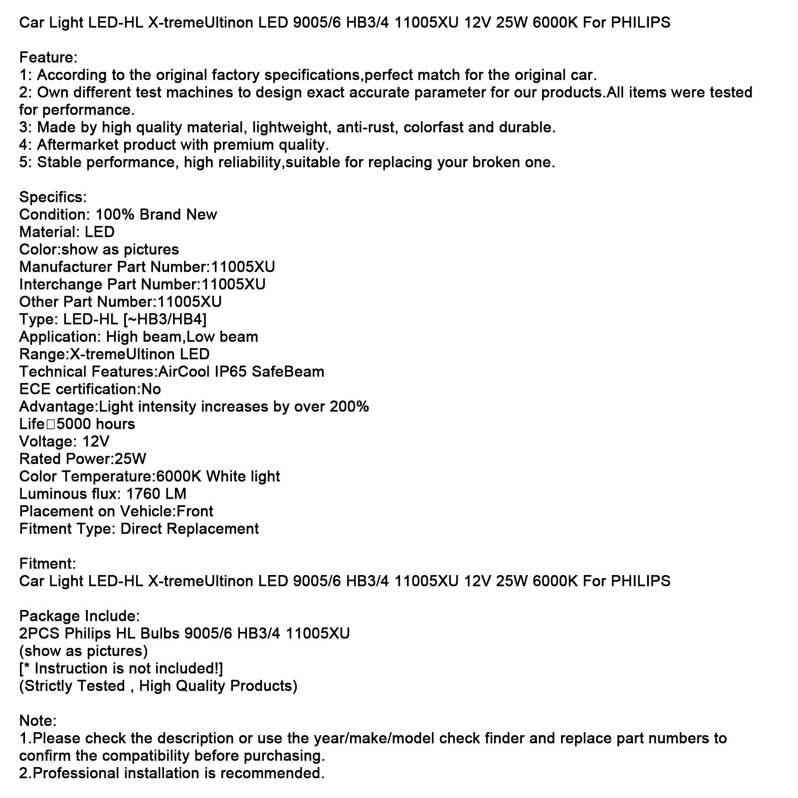 Car Light LED-HL X-tremeUltinon LED 9005/6 HB3/4 11005XU 12V 25W For PHILIPS