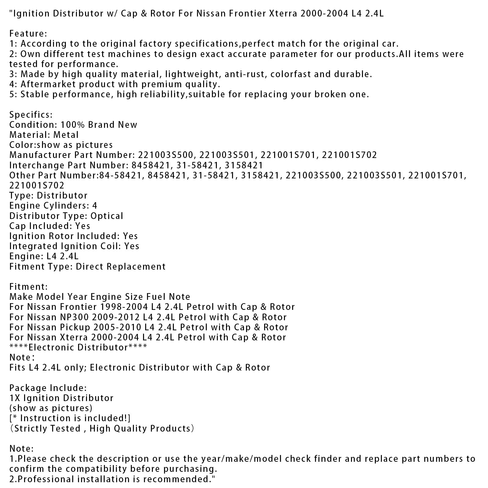 1998-2004 Nissan Frontier L4 2.4L Petrol with Cap &amp; Rotor Ignition Distributor w/ Cap & Rotor 221003S500 8458421