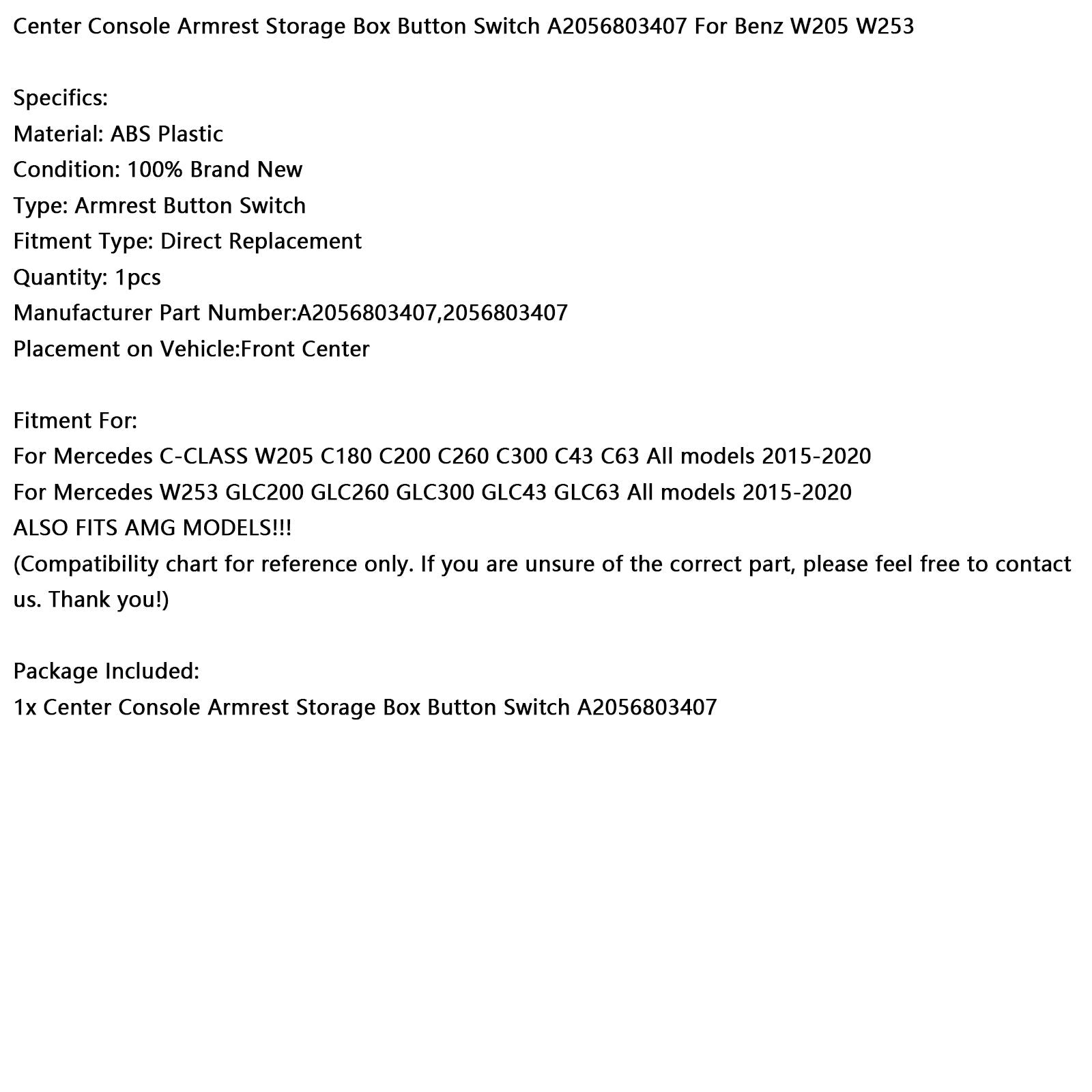 2015-2020 Benz W205 W253 Center Console Armrest Storage Box Button Switch A2056803407