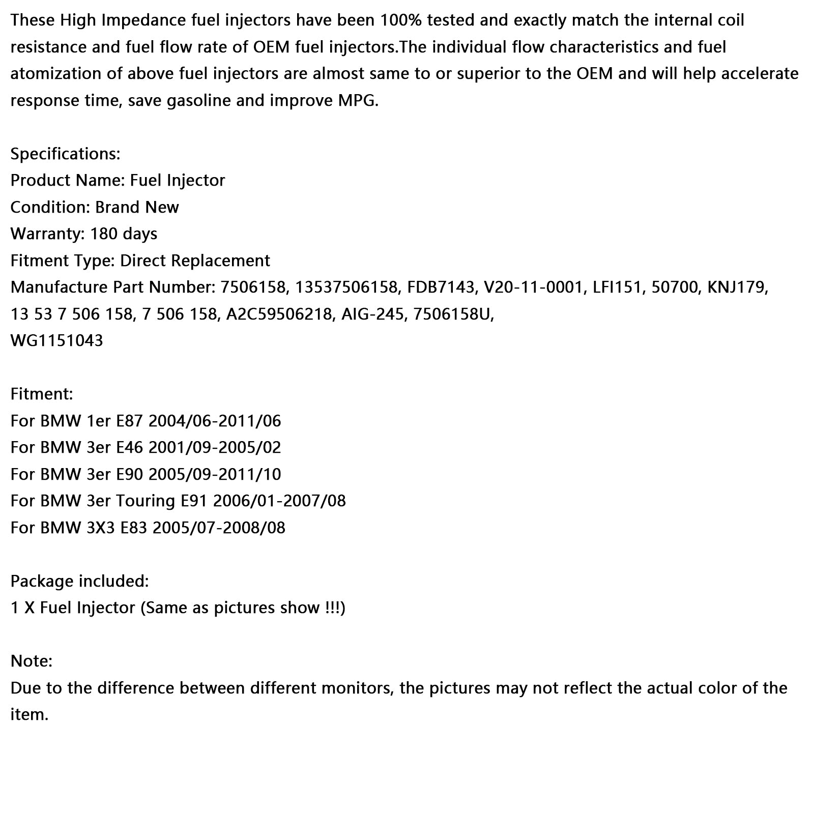 1PCS Fuel Injector 13537506158 Fit BMW 116i 120i 316i 318i 320i X3 Z4 7506158