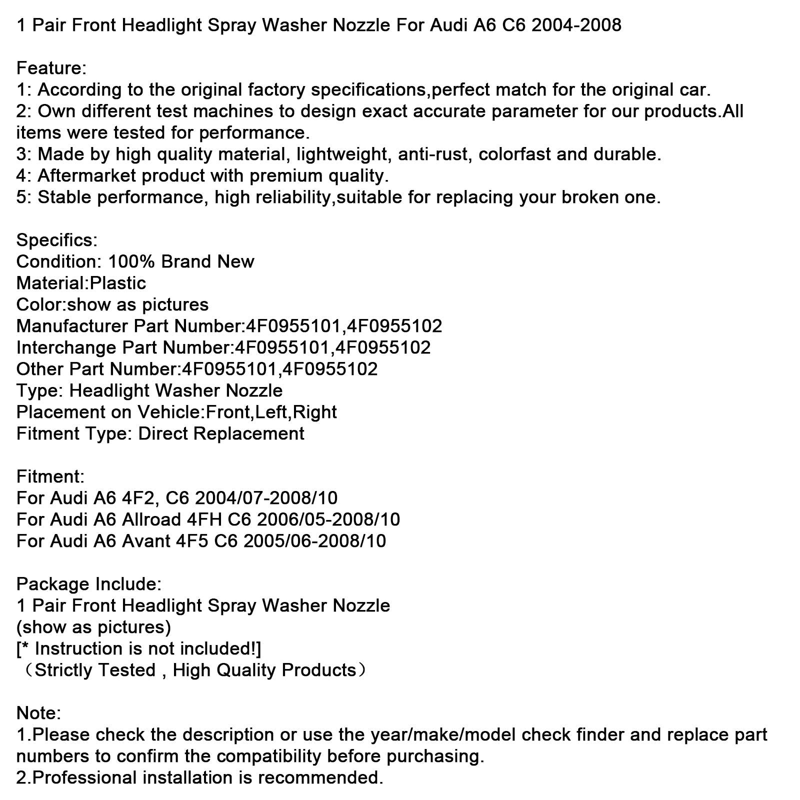 1 Pair Front Headlight Spray Washer Nozzle For Audi A6 C6 2004-2008