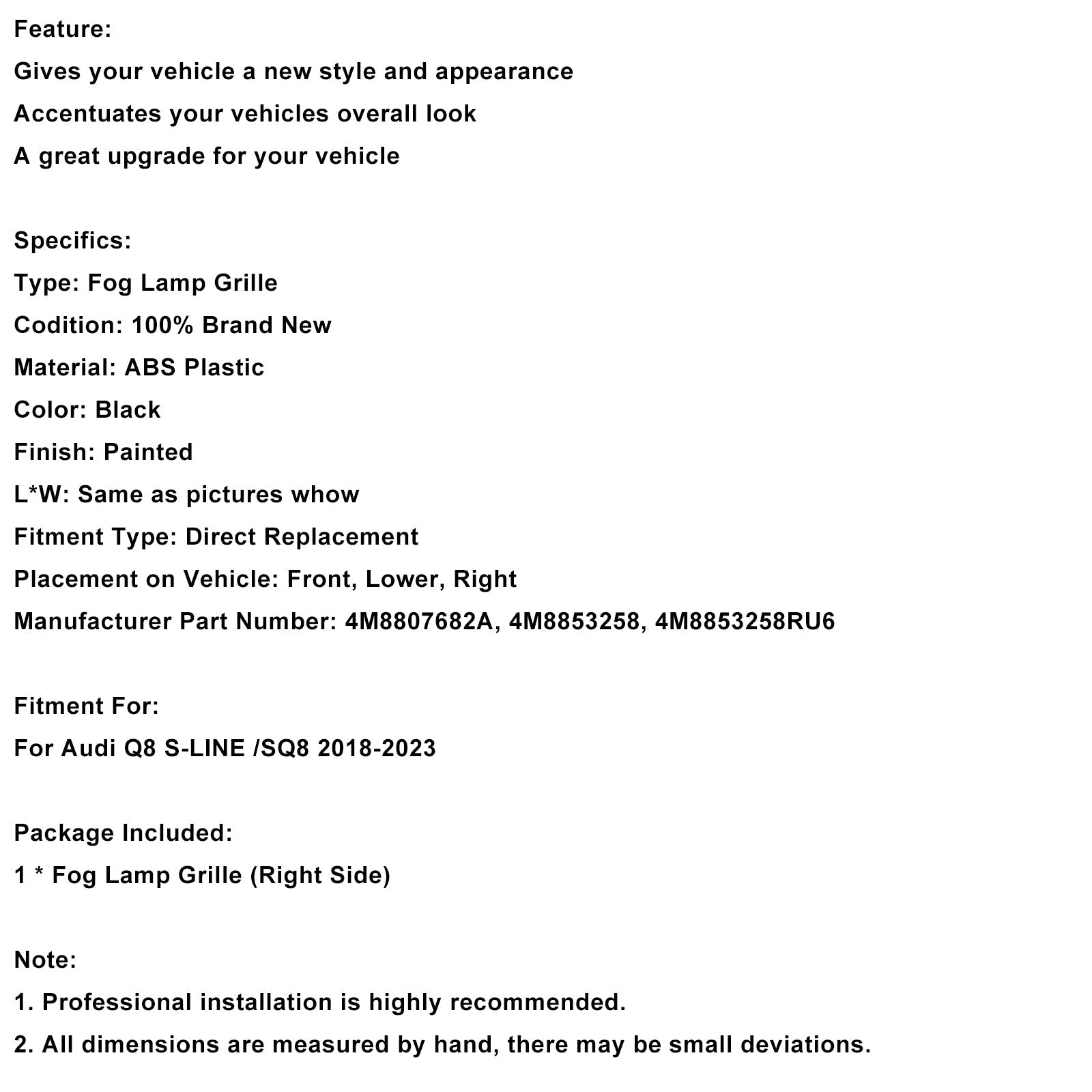 2018-2023 Audi Q8 S-Line SQ8 Right Front Bumper Grill Trim 4M8807682A
