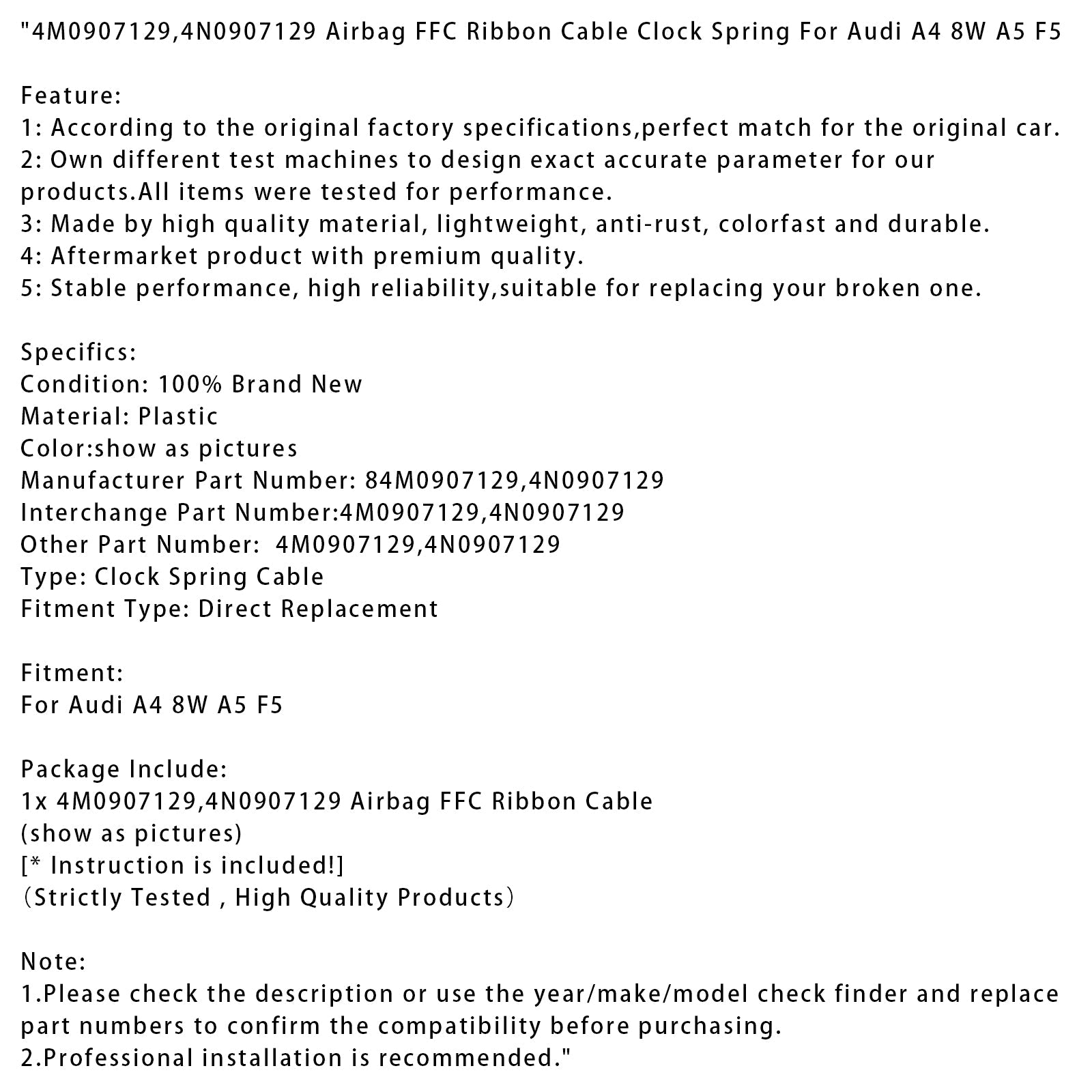 Audi A4 8W A5 F5 Airbag FFC Ribbon Cable Clock Spring 4M0907129 4N0907129