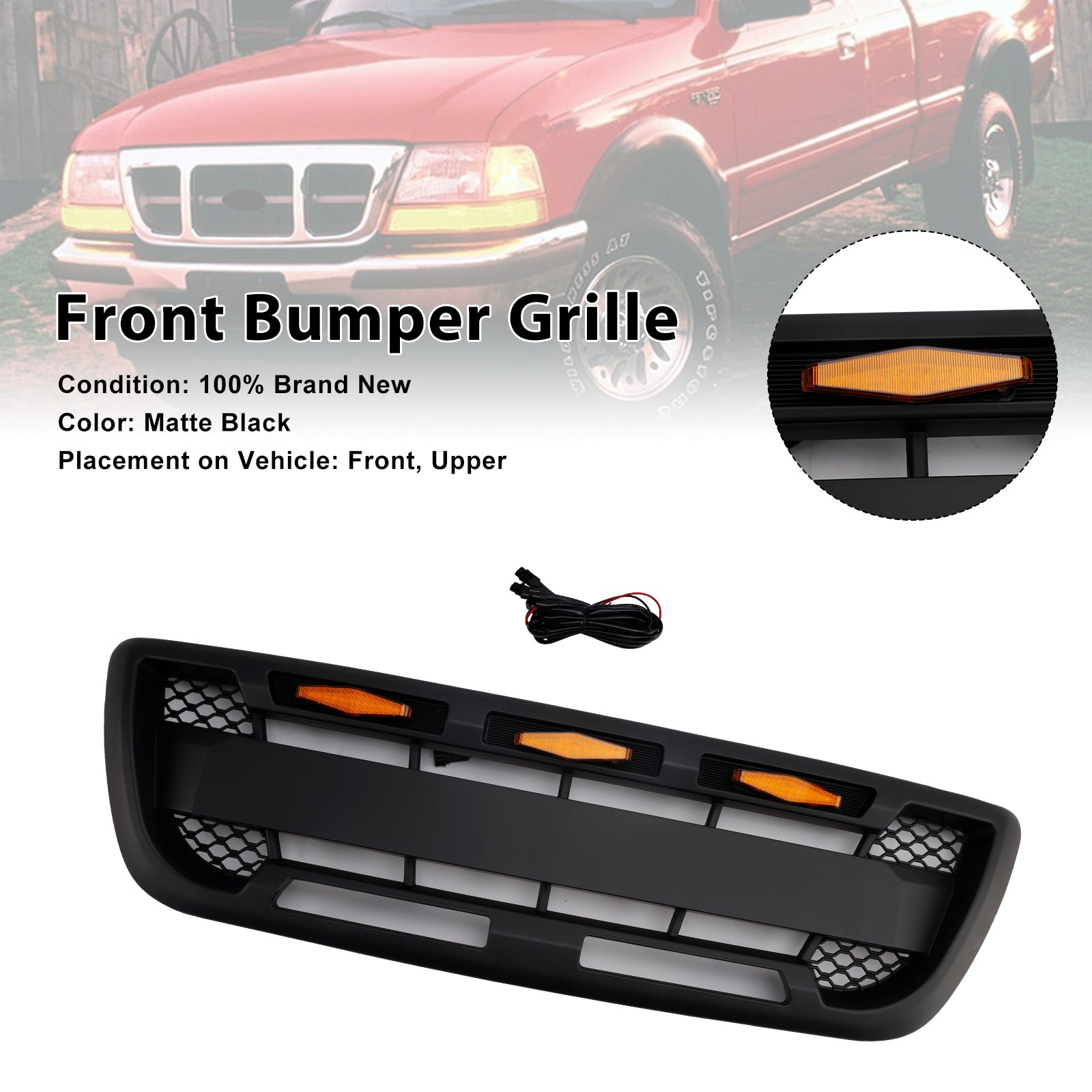 Matt Black Front Bumper Grille Grill Fit 1998-2000 Ford Ranger With LED Light