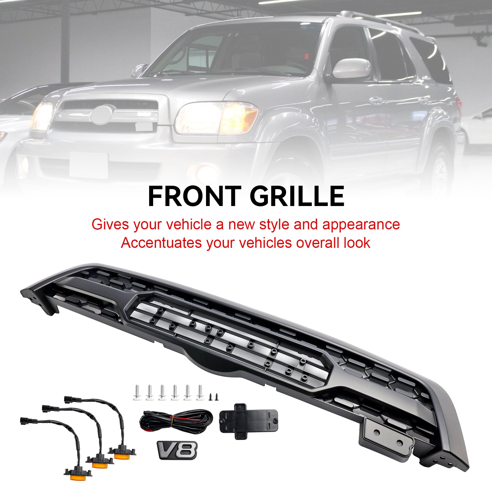 Matte Black Front Bumper Grill Grille Fit Toyota Sequoia 2005-2007 W/ Led Light
