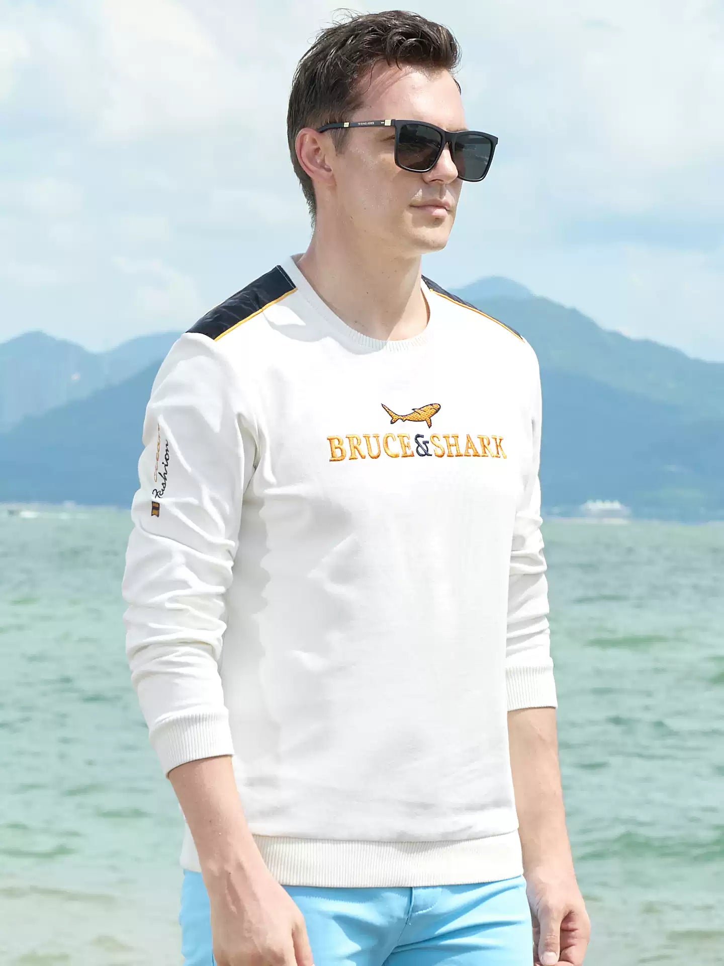 Bruce & Shark Pullovers Men's Oversize Knitwear Spring and Autumn Trendy Brand Embroidered Loose Fit Men's Thick Long-Sleeve Base Layer