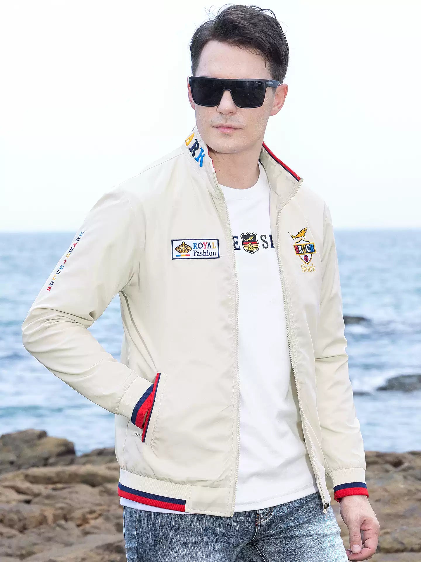 Bruce & Shark Men's Jacket Autumn New Thin Sports Coat Oversized Trendy Loose Men's Cardigan