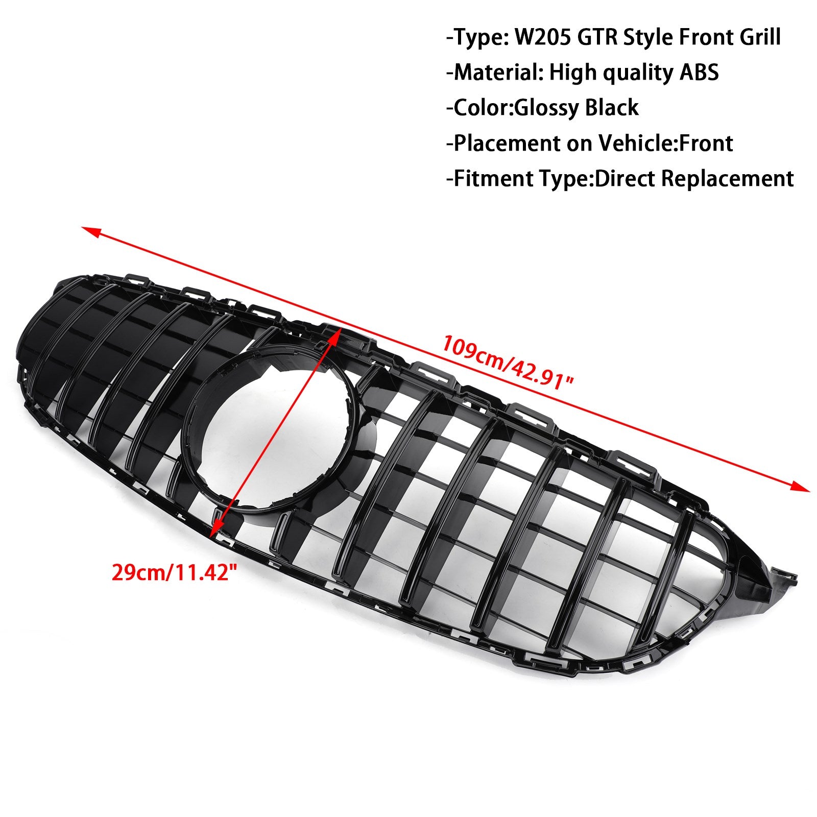 2015-2018 Mercedes Benz C-Class W205 C205 A205 C200 250 300 350 C43 GTR Style Front Bumper Grill Replacement Black Grille