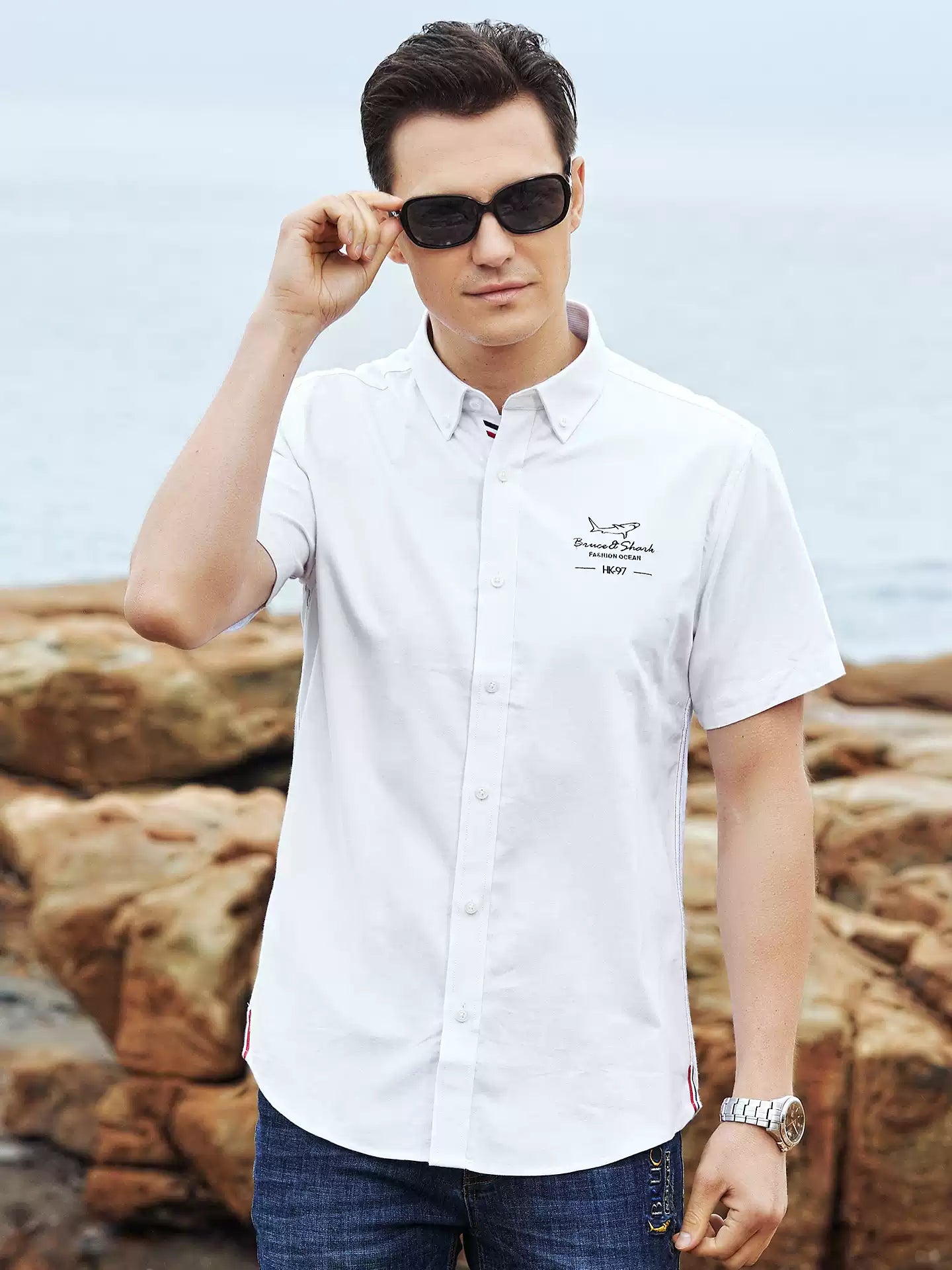 Bruce & Shark Men's Plus Size Short Sleeve Cotton Shirt Summer New Trendy Oxford Shirt