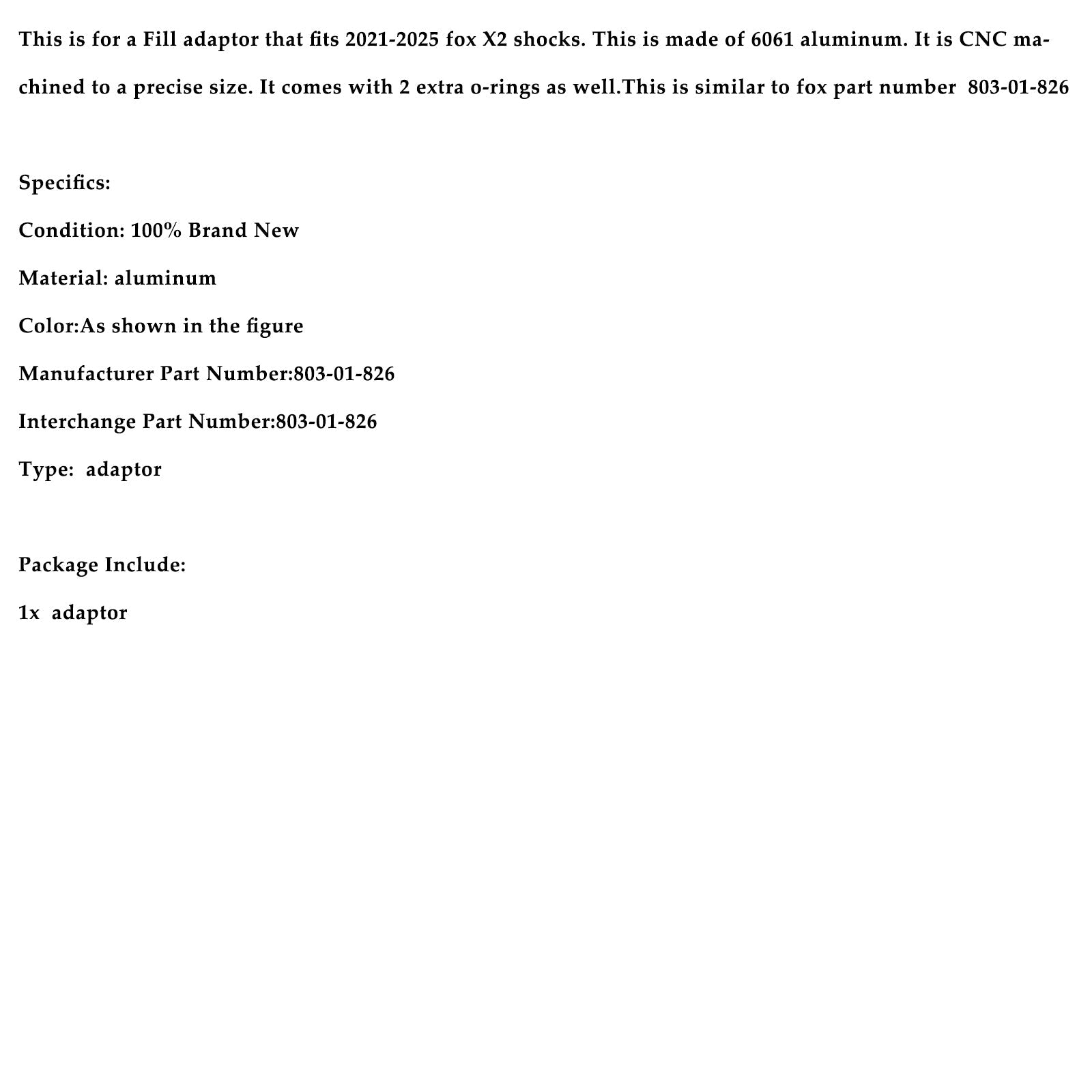 Air Fill Adaptor- clone of fox #803-01-826-Rezi end For Fox X2/DHX2 2021-2025