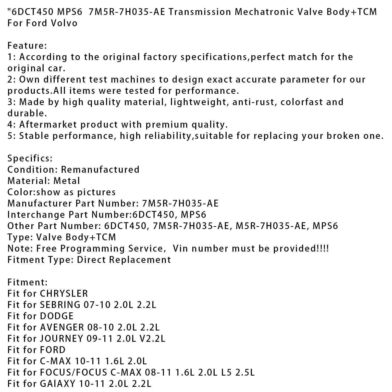 6DCT450 MPS6  7M5R-7H035-AE Transmission Mechatronic Valve Body+TCM For Ford