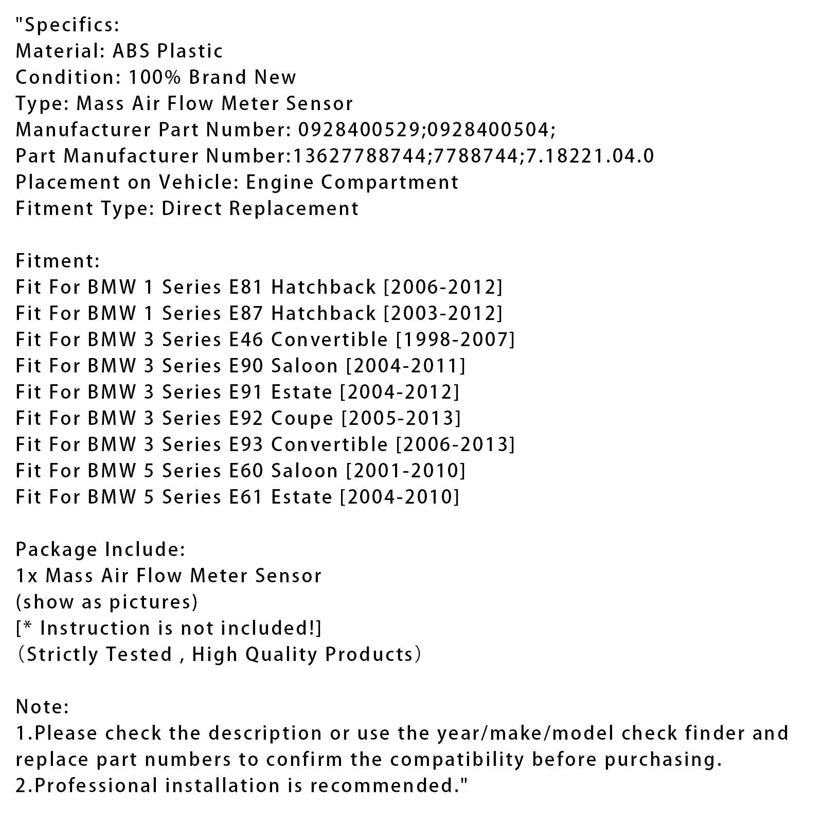 Mass Air Flow Meter Sensor For BMW E90 E91 E92 E87 E60 E61 0928400529