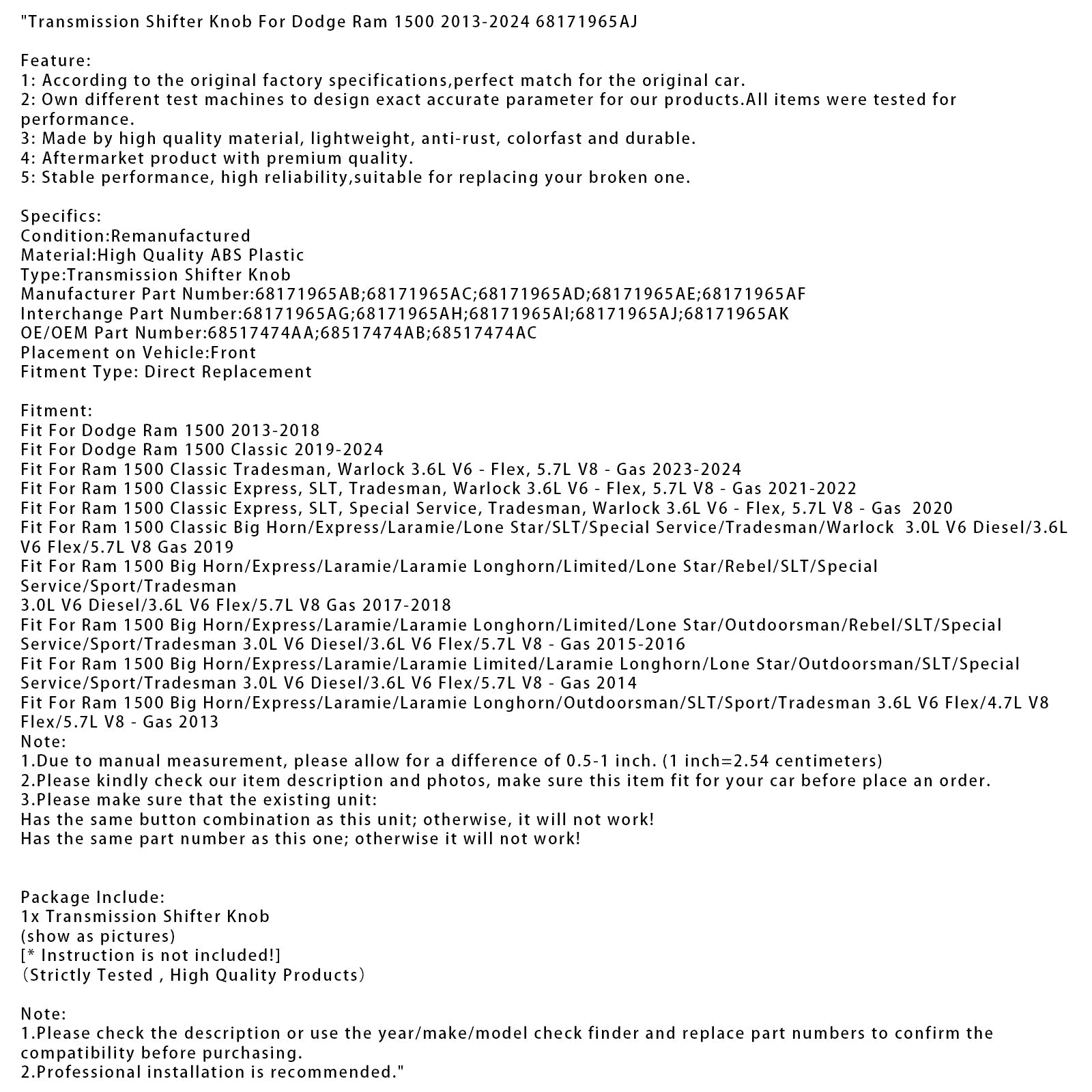 Transmission Shifter Knob For Dodge Ram 1500 2013-2024 68171965AJ