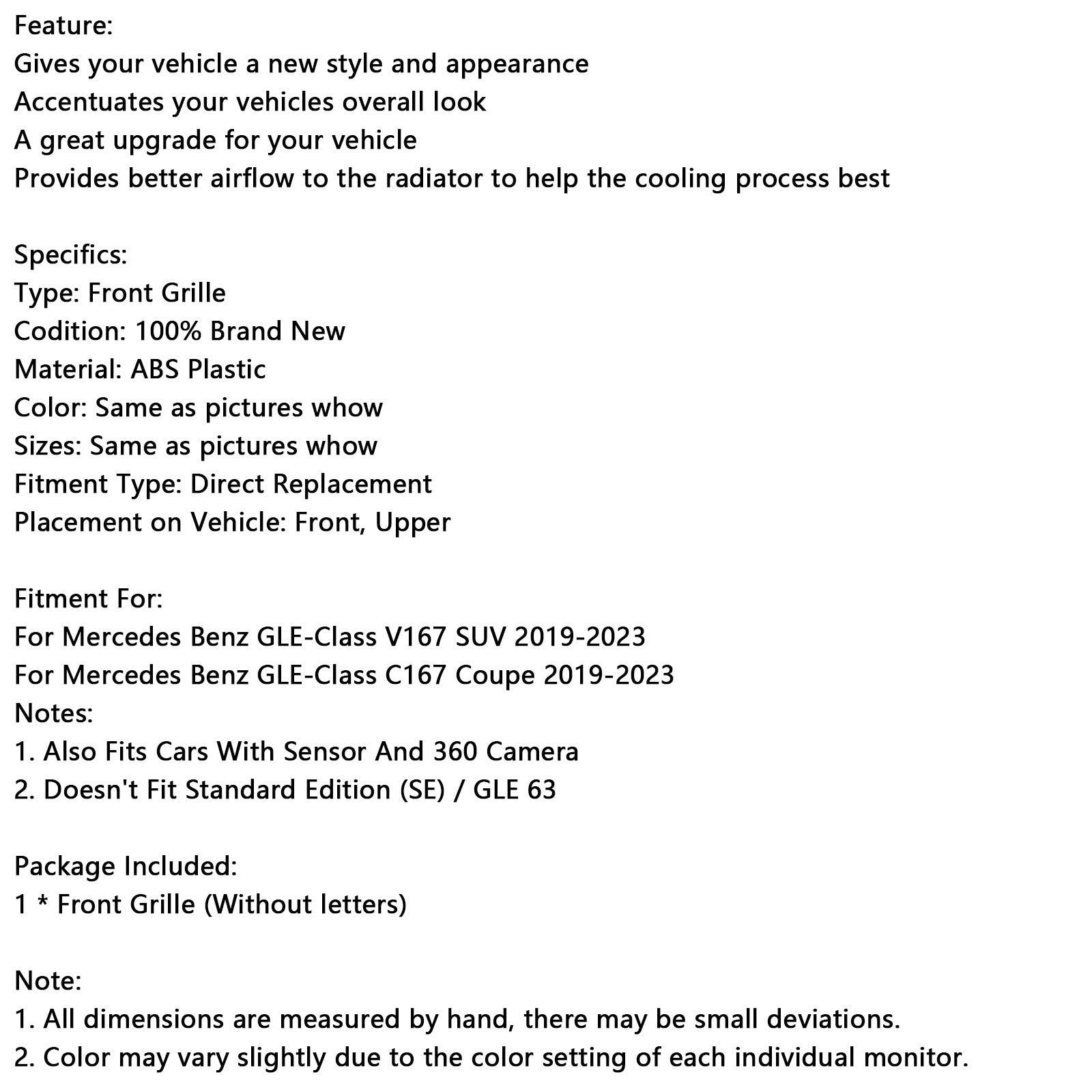 2019-2023 Mercedes Benz GLE-Class C167 Coupe Front Bumper Grill Grille