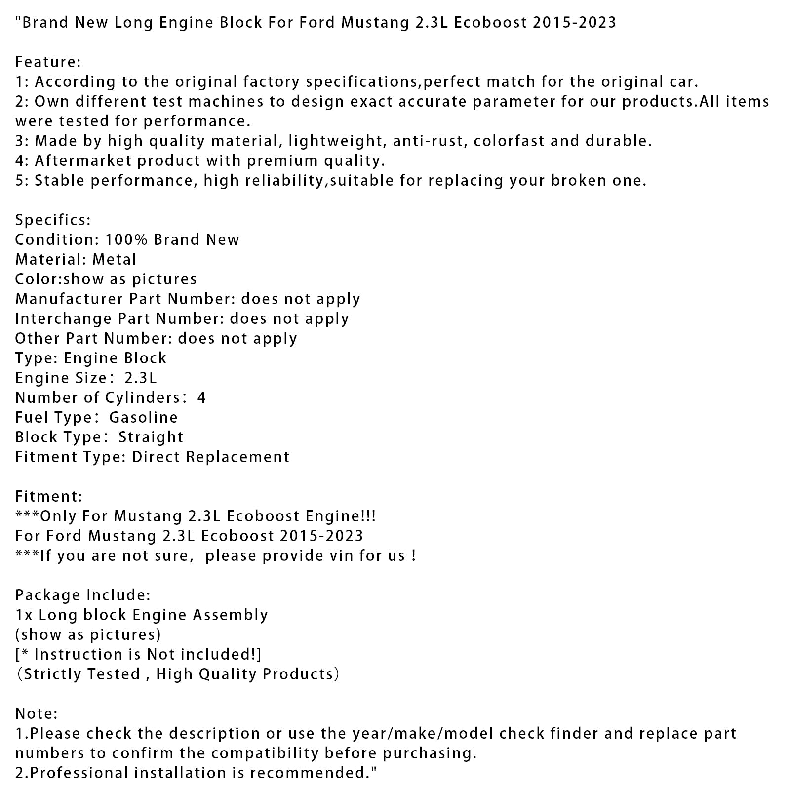 Brand New Long Engine Block For Ford Mustang 2.3L Ecoboost 2015-2023