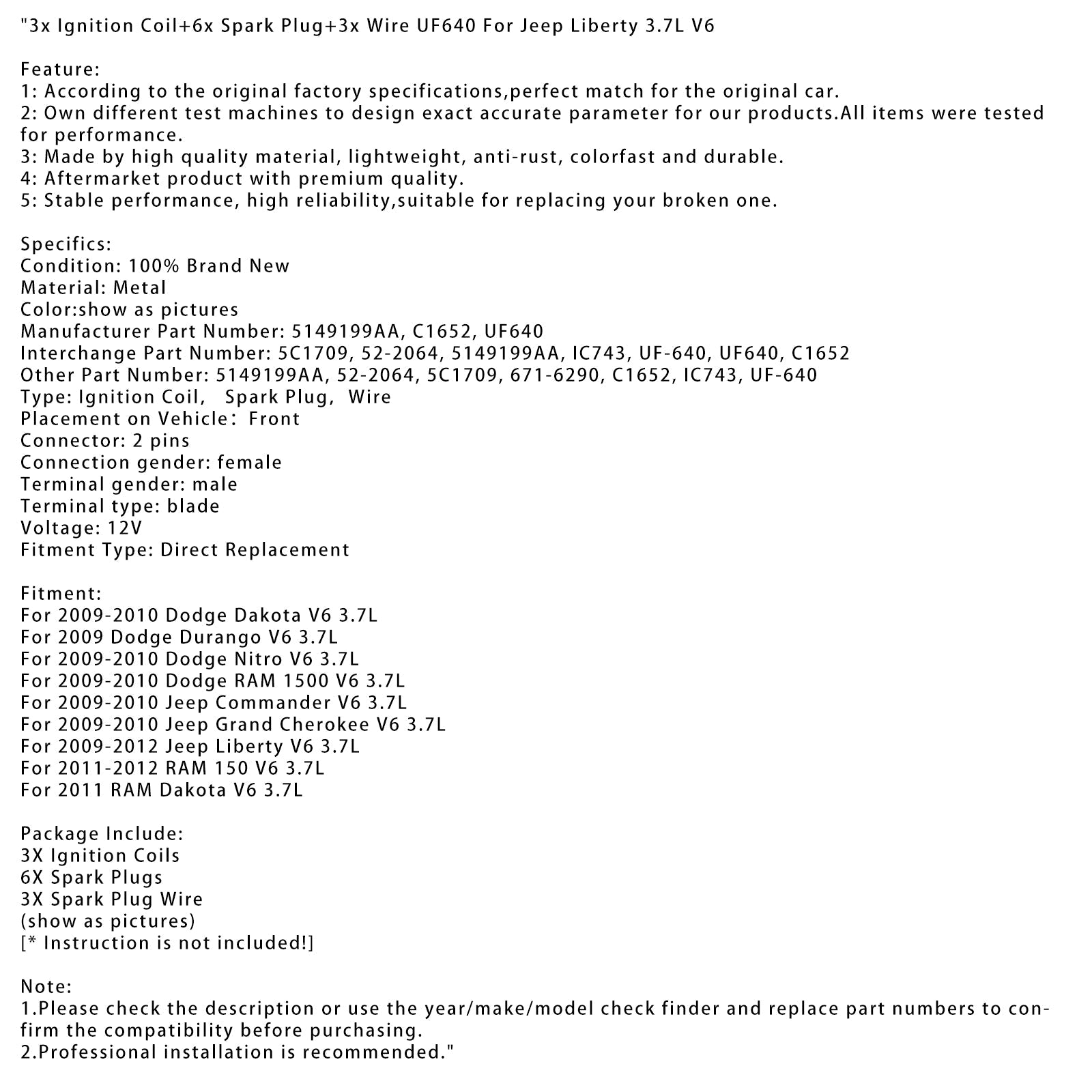 3x Ignition Coil+6x Spark Plug+3x Wire UF640 For Jeep Liberty 3.7L V6