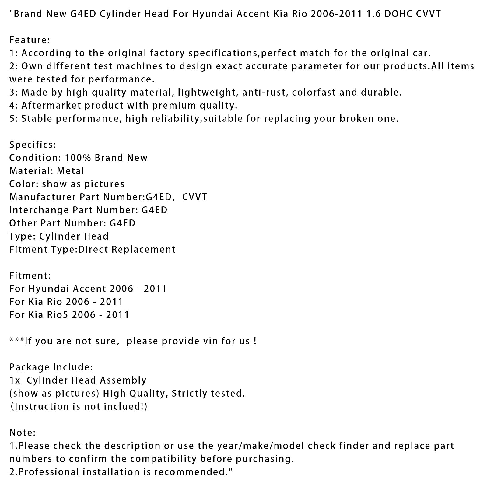 2006-2011 Kia Rio5  Brand New G4ED Cylinder Head