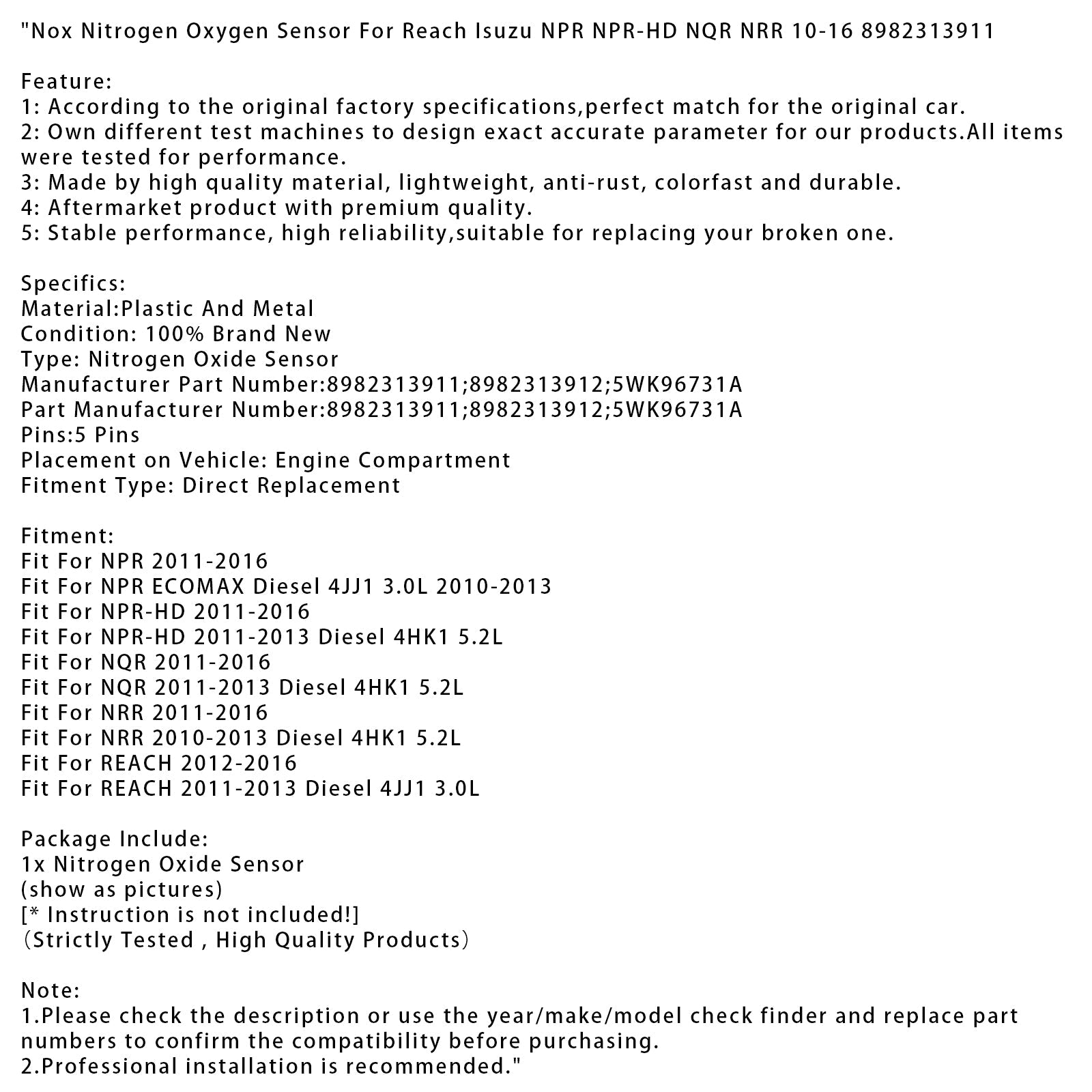2011-2013 NPR-HD Diesel 4HK1 5.2L Nox Nitrogen Oxygen Sensor 8982313911 8982313912 5WK96731A