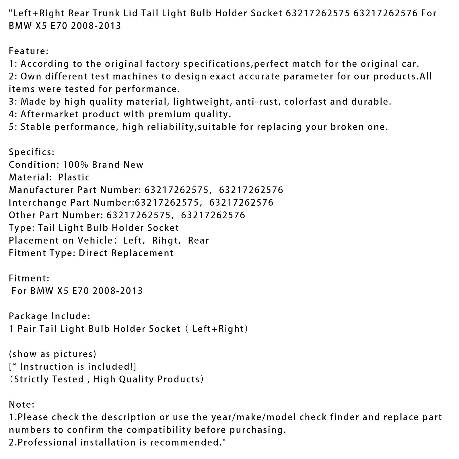 2008-2013 BMW X5 E70 Left+Right Rear Trunk Lid Tail Light Bulb Holder Socket 63217262575 63217262576