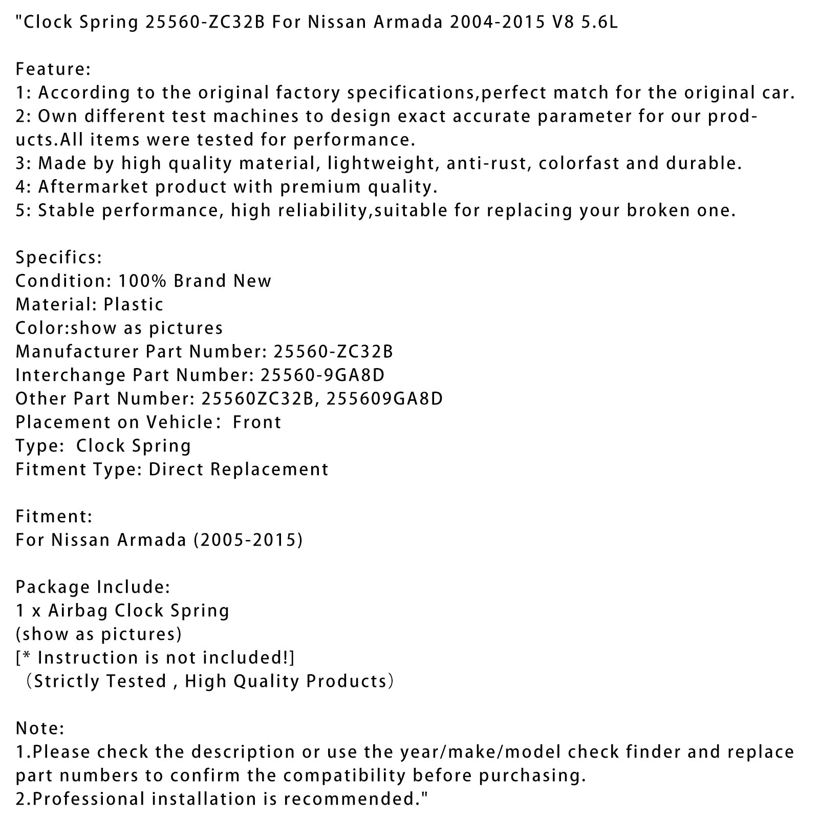 2004-2015 Nissan Armada V8 5.6L Clock Spring 25560-ZC32B