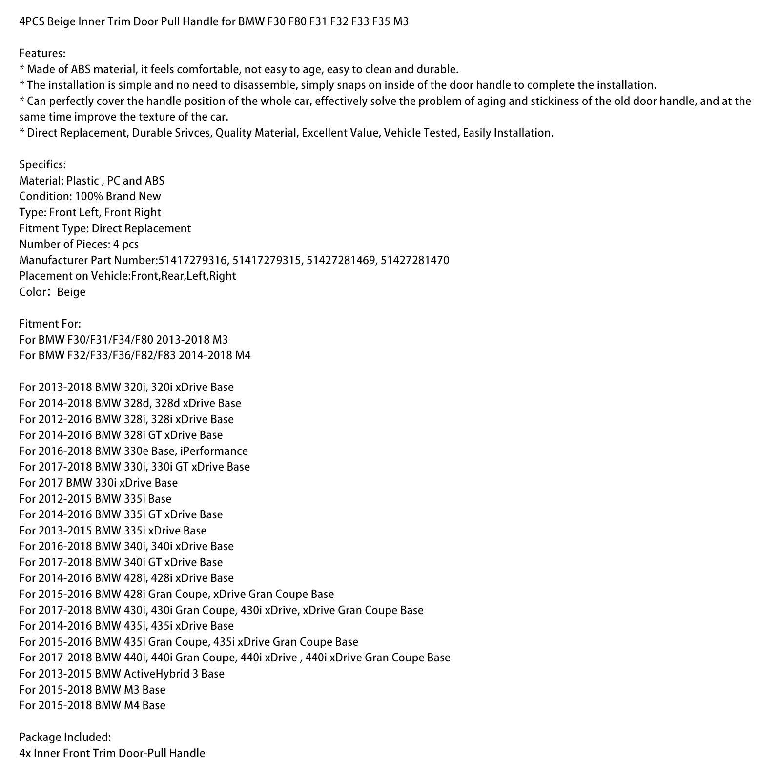 4PCS Beige Inner Trim Door Pull Handle for BMW F30 F80 F31 F32 F33 F35 M3