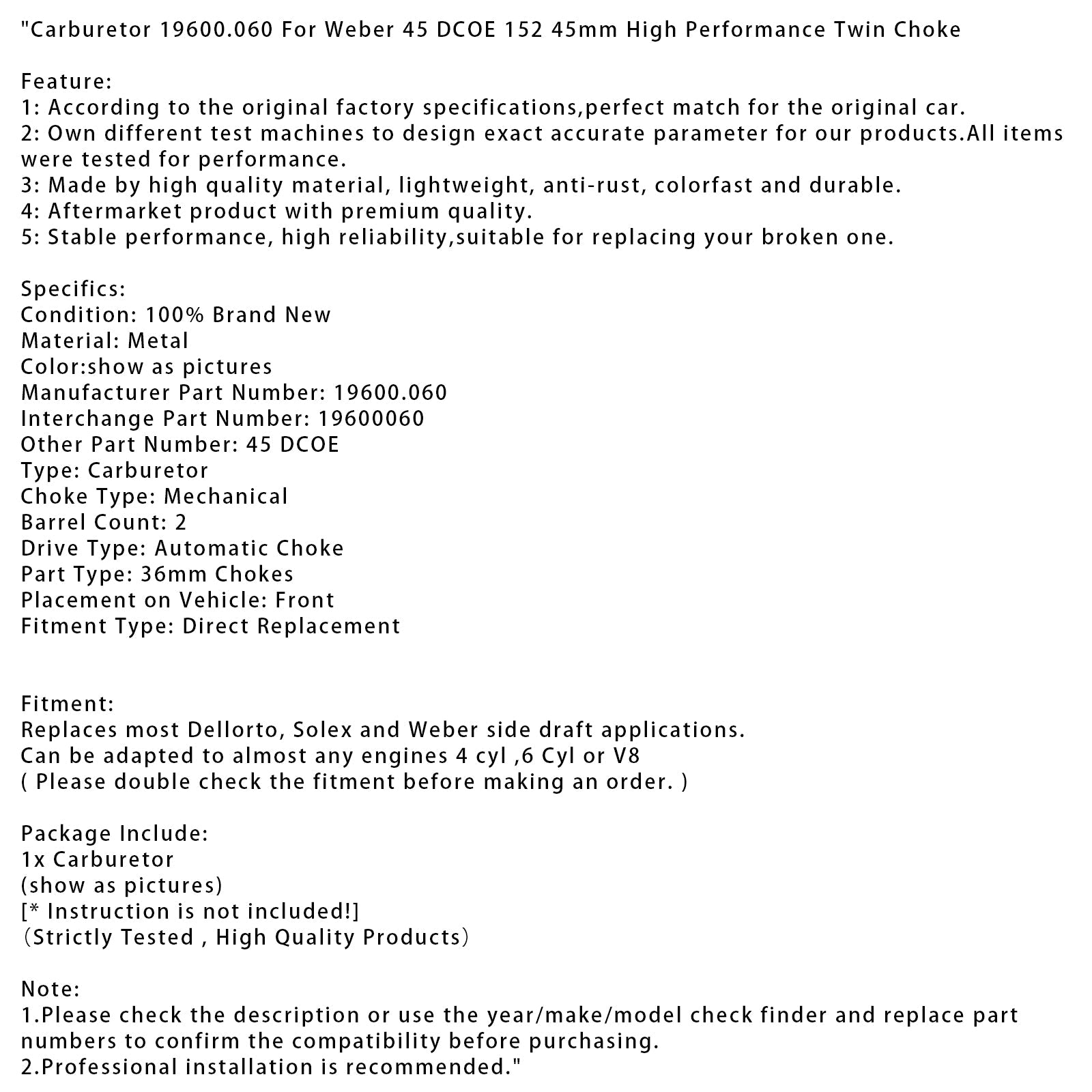 Carburetor 19600.060 Fit For 45 DCOE 152 45mm High Performance Twin Choke