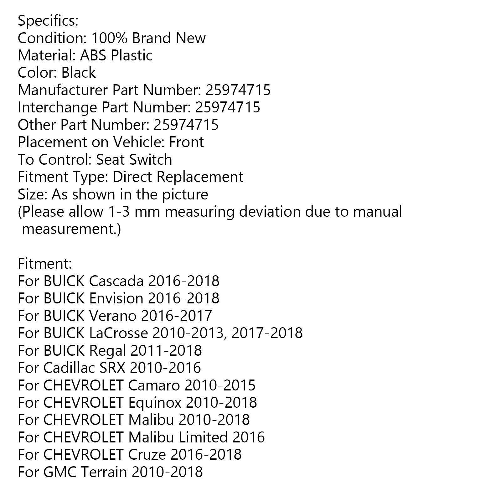 Seat Front Switch Right for Front Right Power Seat Switch for Cadillac SRX Buick Chevrolet GMC 25974715 Power