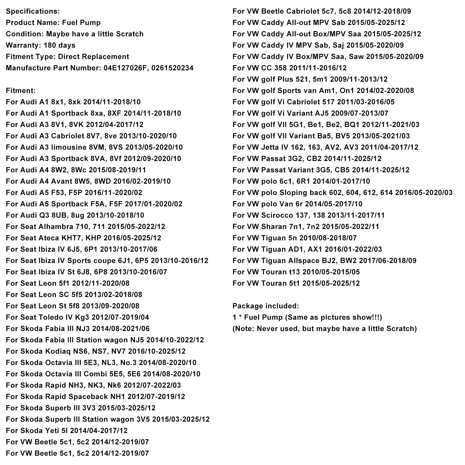 2013/05-2020/10 Audi A3 limousine 8VM, 8VS High Pressure Fuel Pump 04E127026F