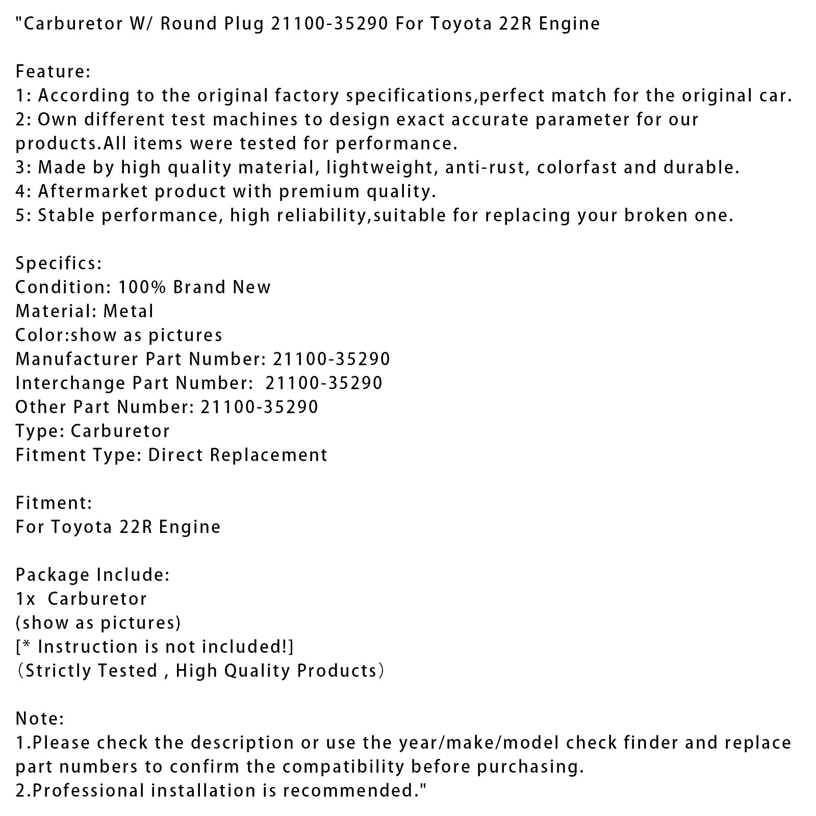 Carburetor W/ Round Plug 21100-35290 For Toyota 22R Engine