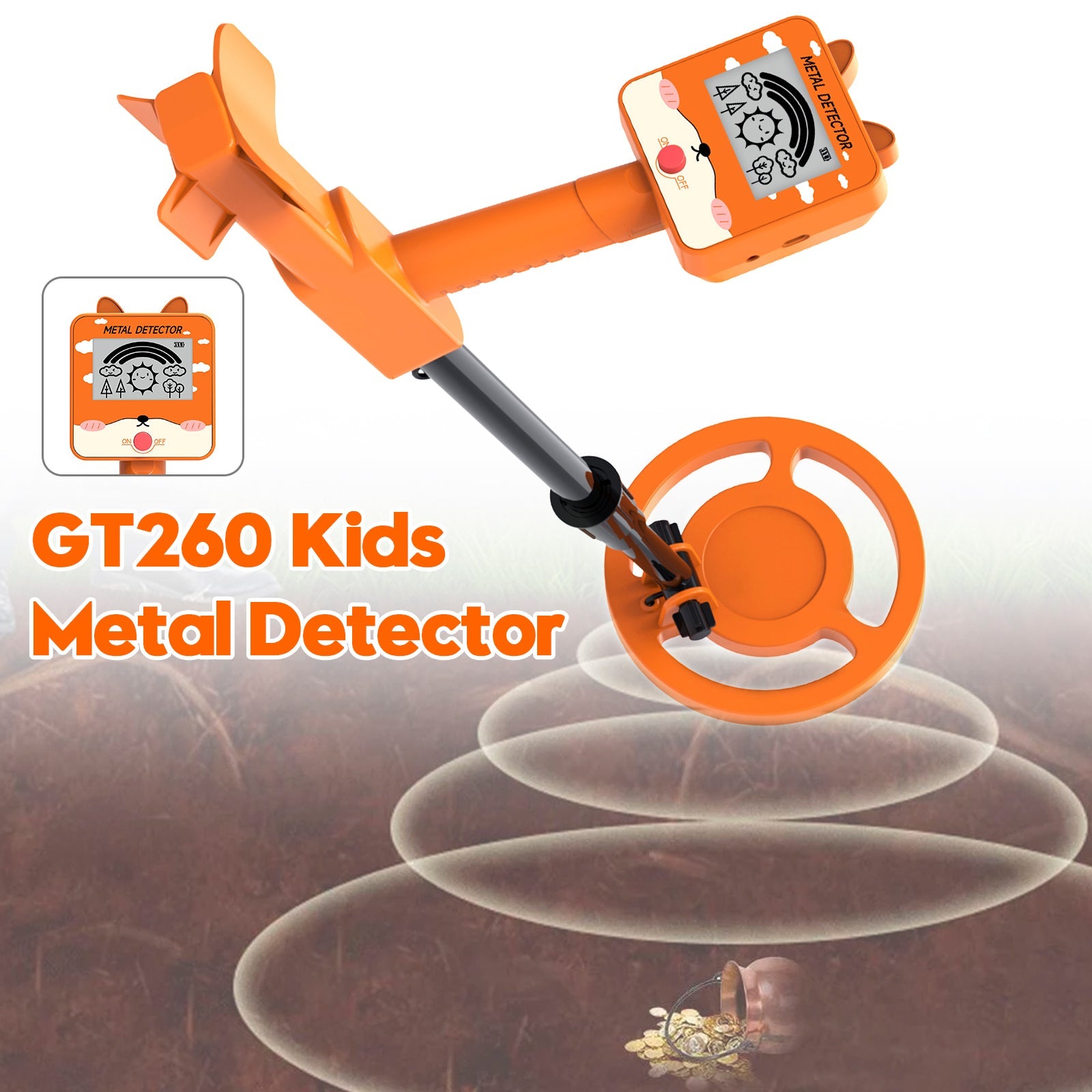 GT260 Kids Child Treasure Seeker Metal Detector Waterproof 6.3" Search Coil ORG