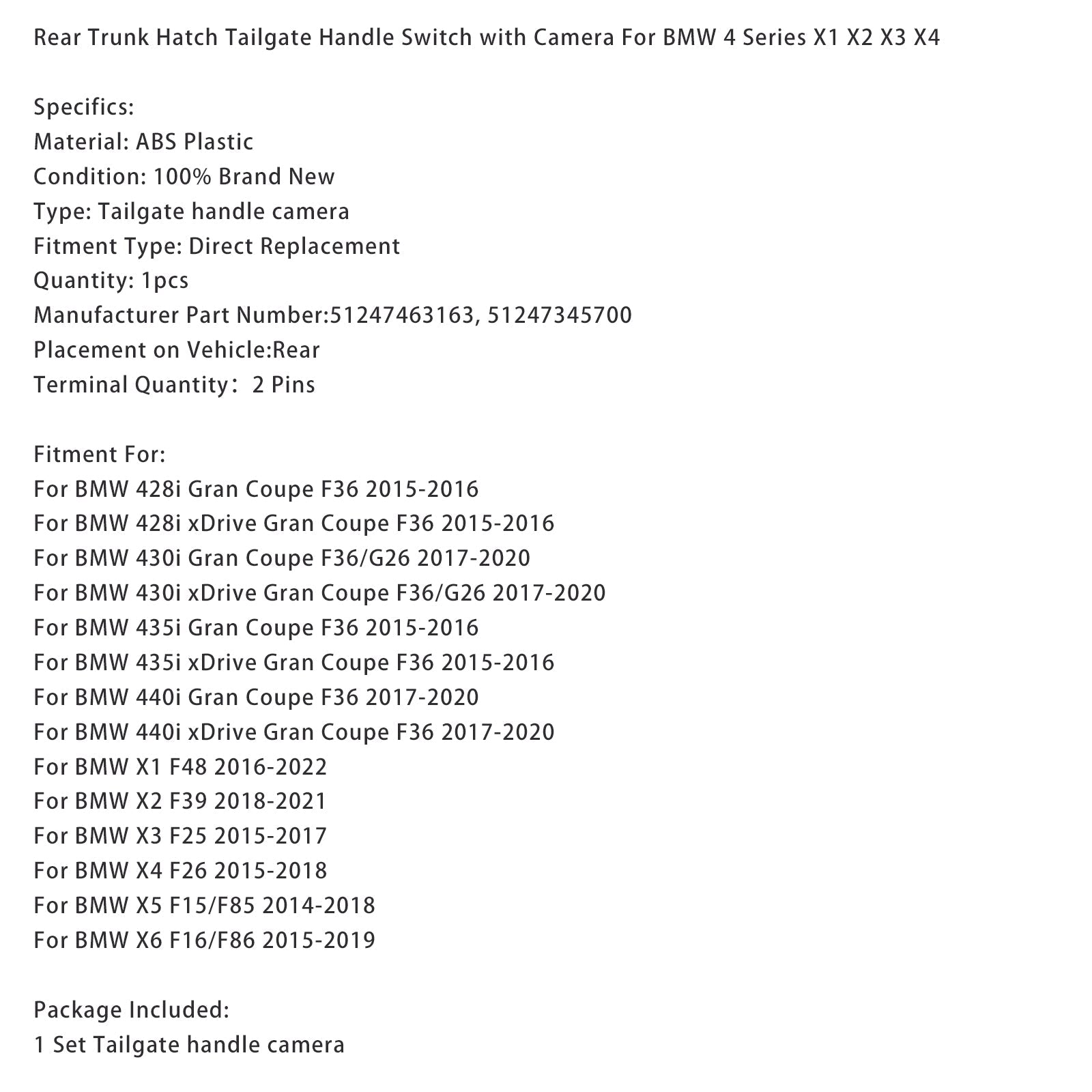 Rear Trunk Hatch Tailgate Handle Switch with Camera For BMW 4 Series X1 X2 X3 X4