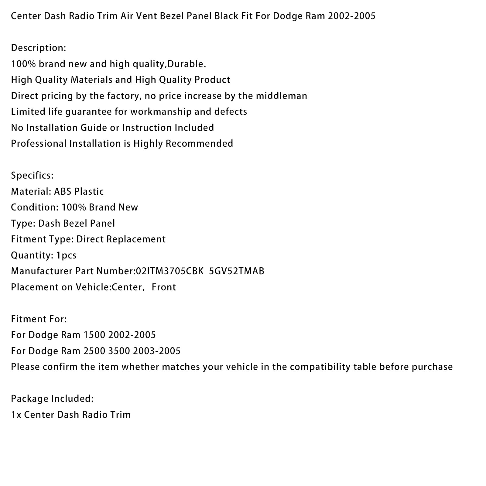 2002-2005 Dodge Ram 1500 Center Dash Radio Trim Air Vent Bezel Panel Black