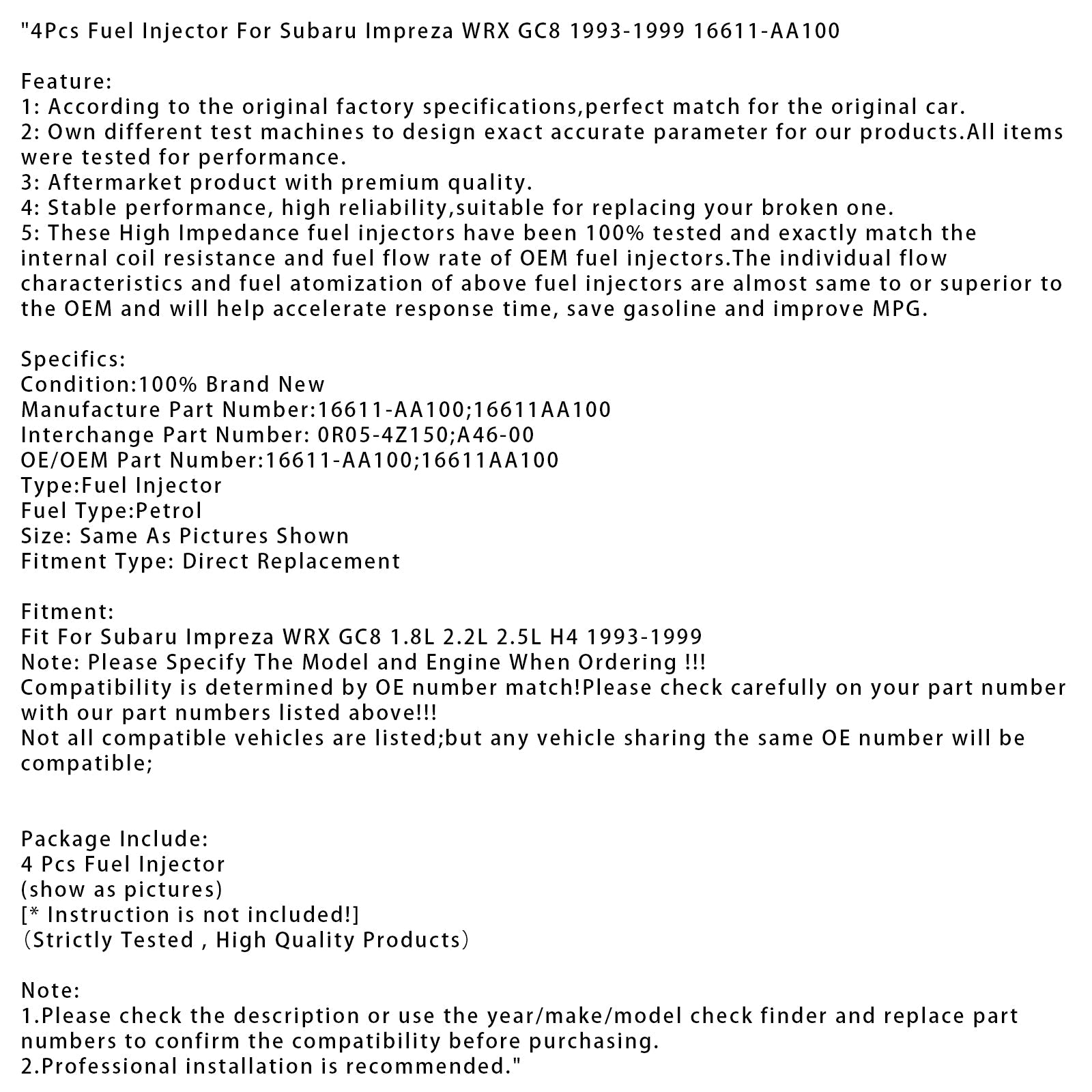 1993-1999 Subaru Impreza WRX GC8 4Pcs Fuel Injector 16611-AA100