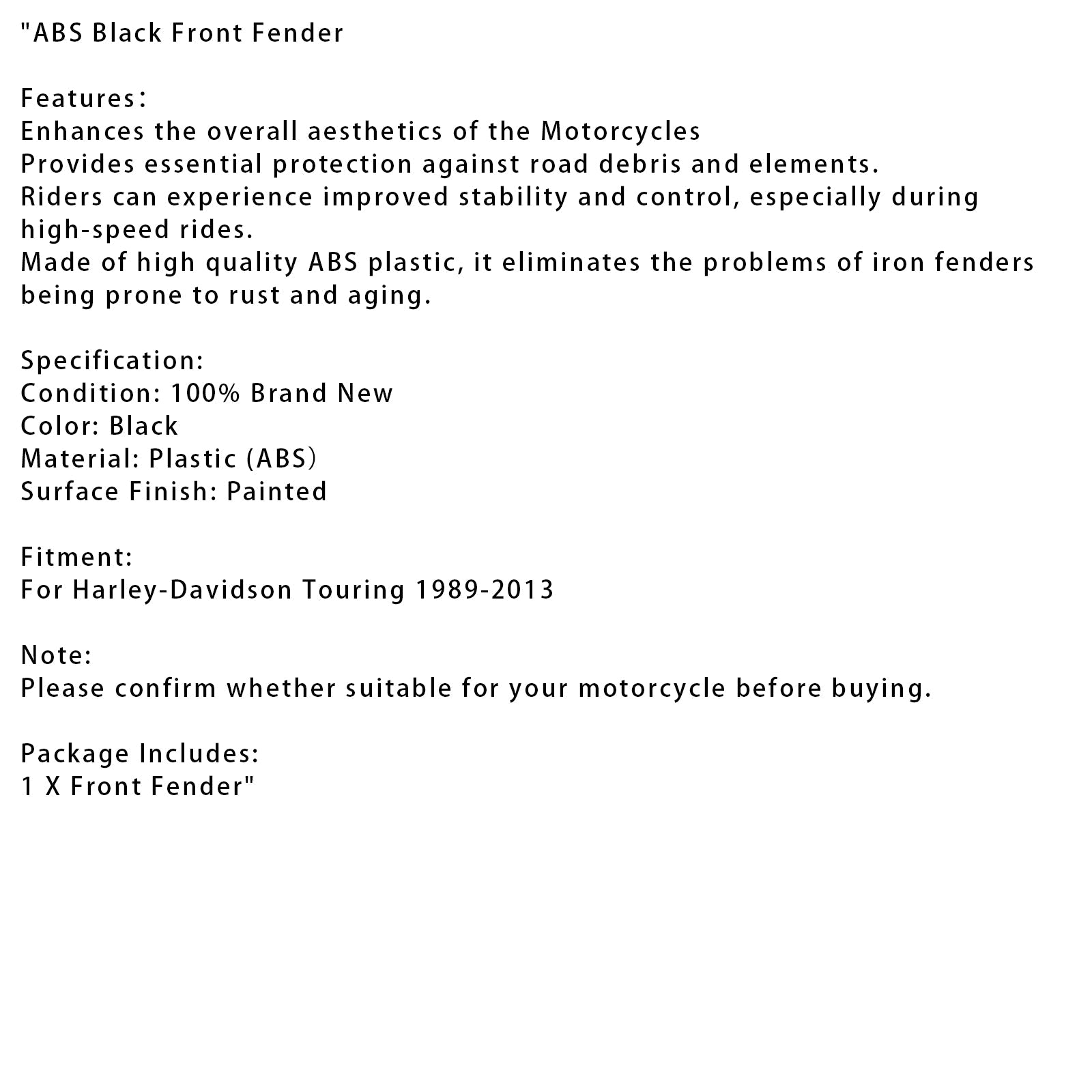 1989-2013  Harley-Davidson Touring Road King Street Glide ABS Black Front Fende