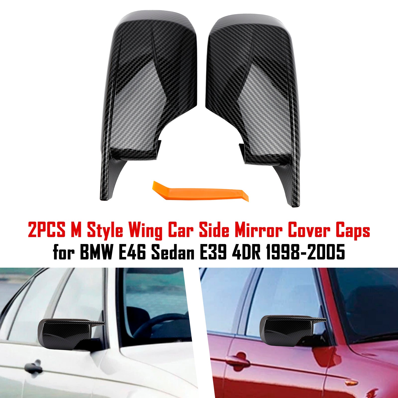 2PCS M Style Wing Car Side Mirror Cover Caps for BMW E46 Sedan E39 4DR 1998-2005