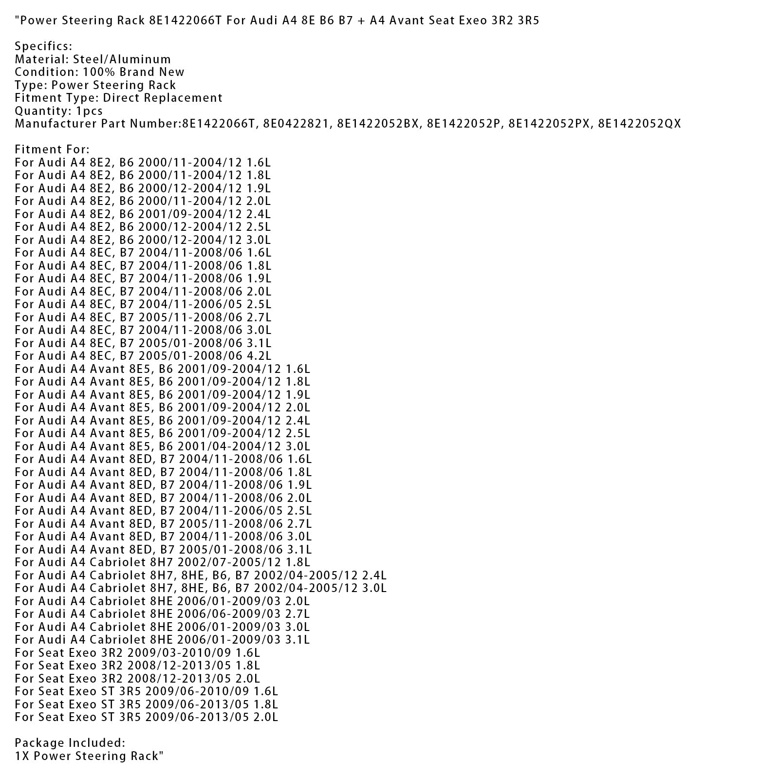2004/11-2008/06 Audi A4 8EC, B7 1.8L Power Steering Rack 8E1422066T 8E0422821