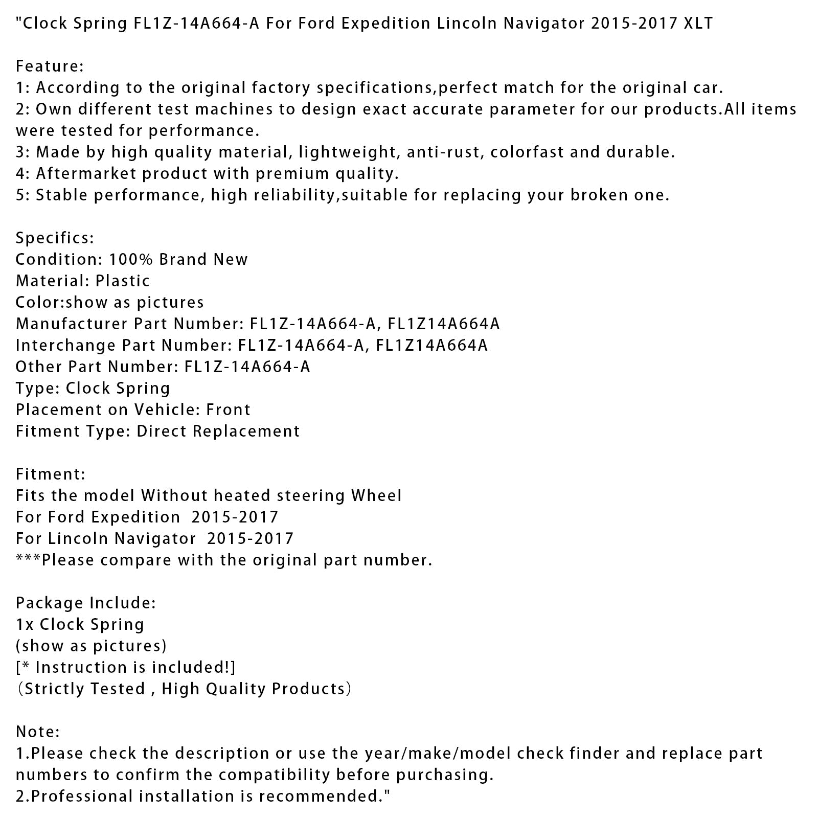 2015-2017 Ford Expedition Lincoln Navigator XLT Clock Spring FL1Z-14A664-A