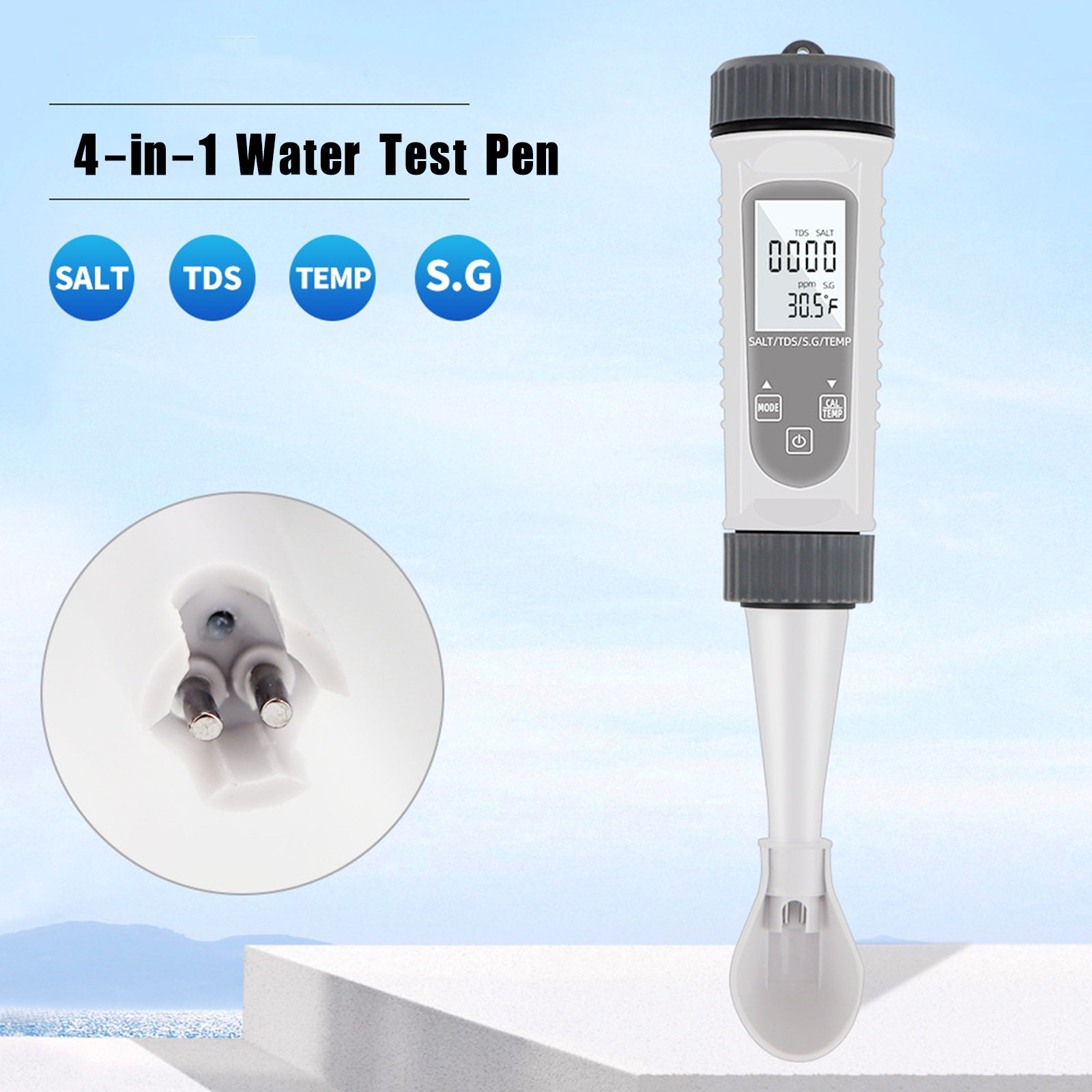 Medidor Digital de calidad del agua 4 en 1 EC/SG/TEMP/salinidad, herramienta de prueba