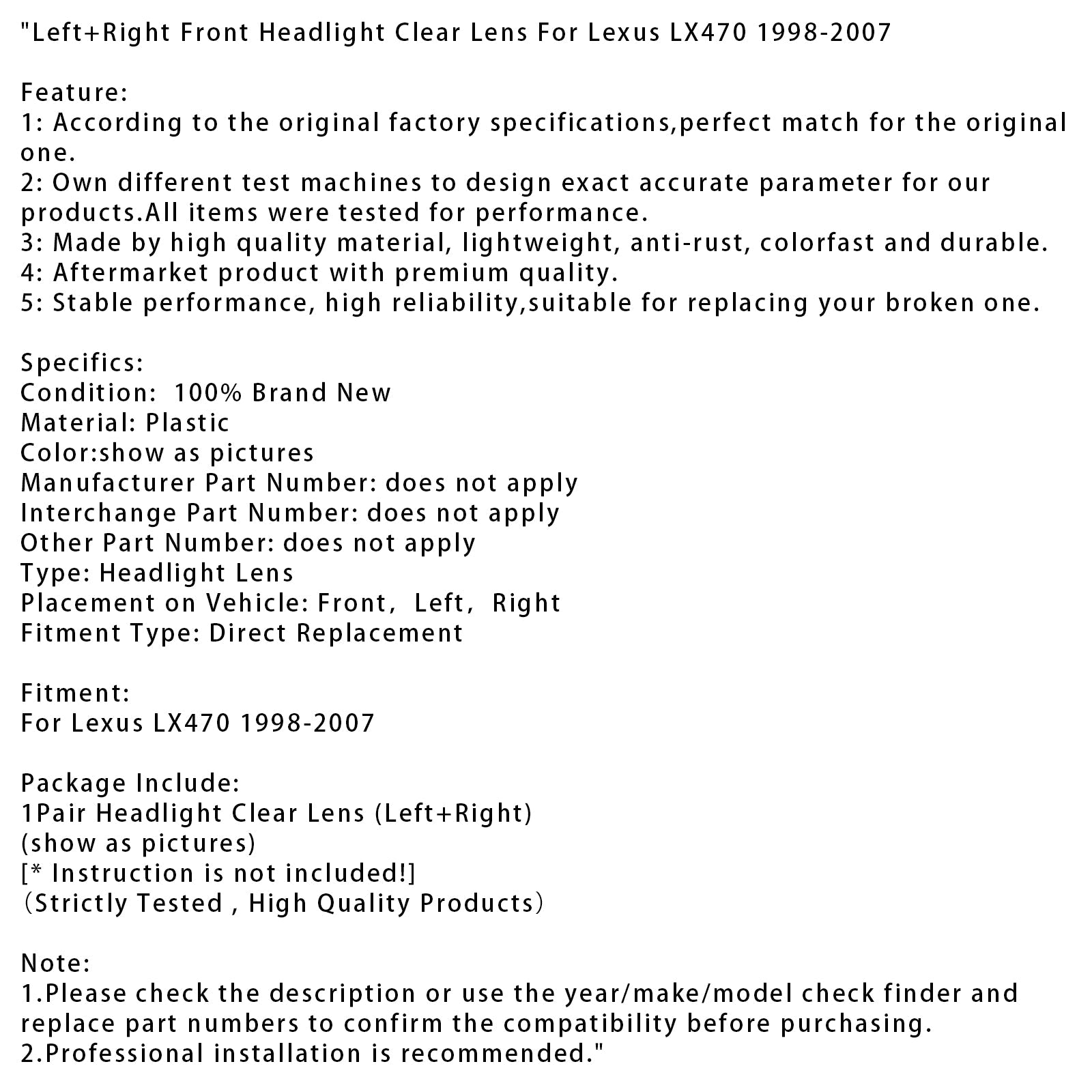 1998-2007 Lexus LX470 Left+Right Front Headlight Clear Lens