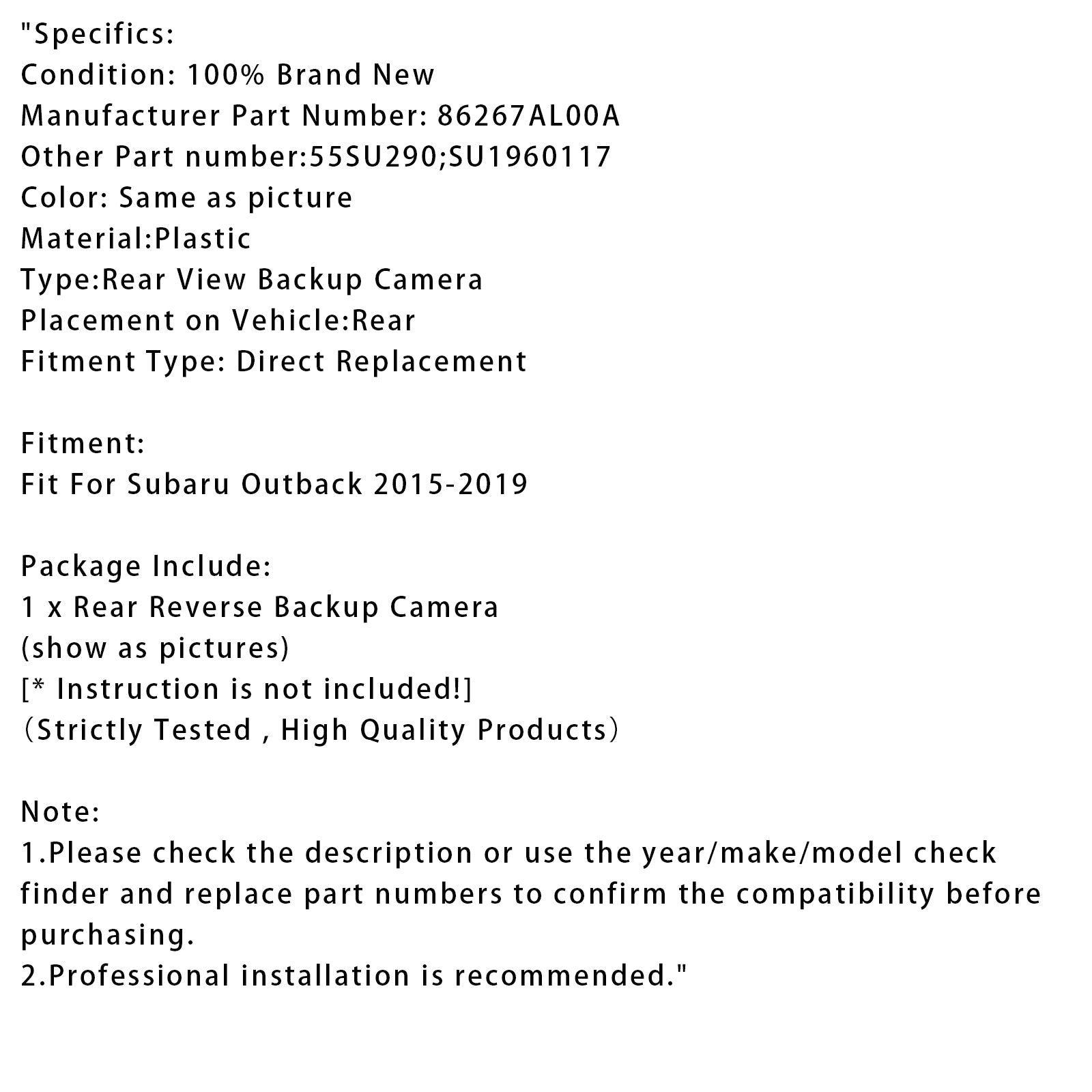 2015-2019 Subaru Outback Rear Reverse Backup Camera Park Assist 86267AL00A