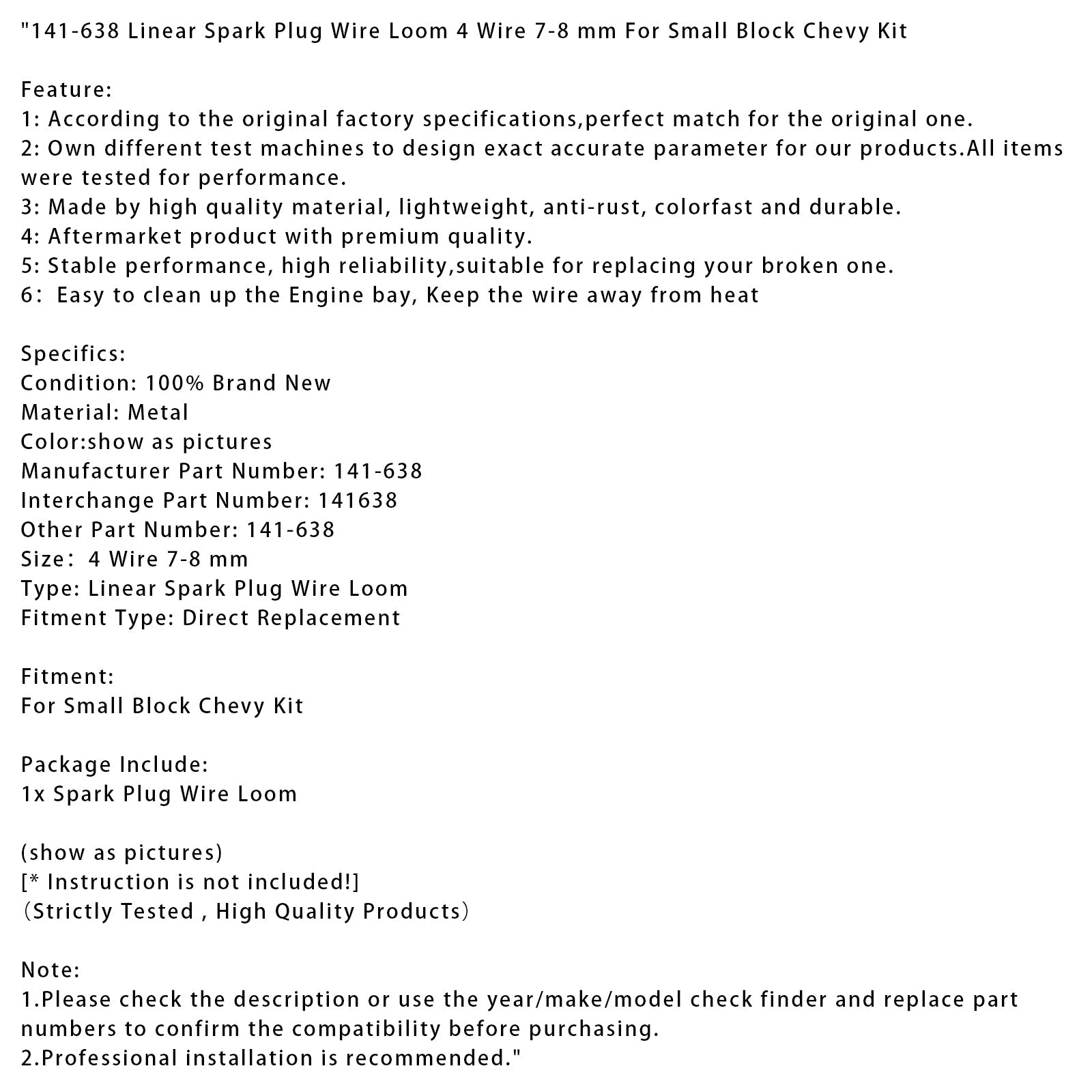 Small Block Chevy Kit Linear Spark Plug Wire Loom 4 Wire 7-8 mm 141-638