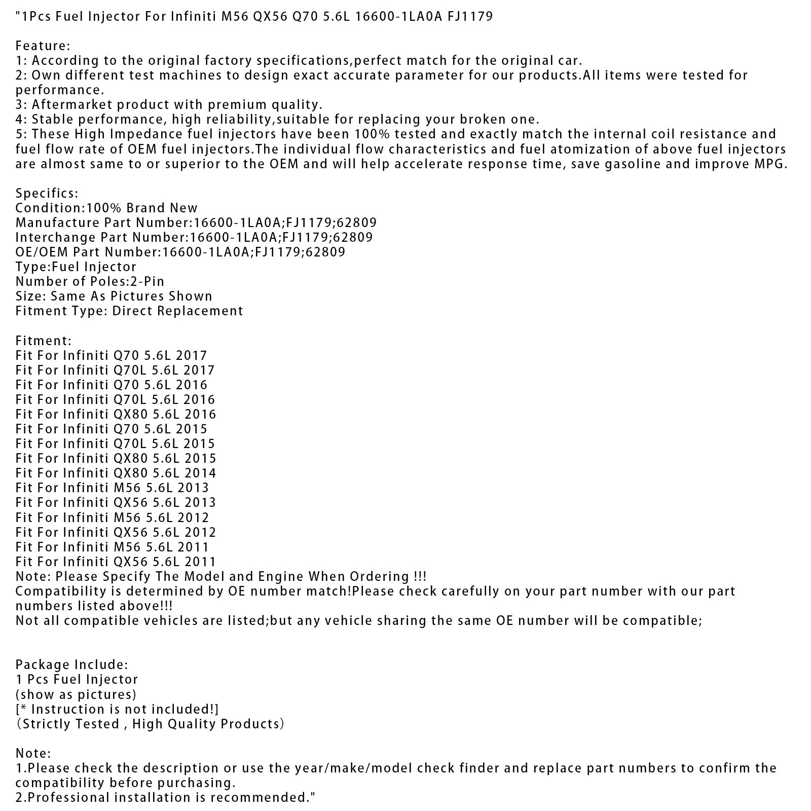1Pcs Fuel Injector For Infiniti M56 QX56 Q70 5.6L 16600-1LA0A FJ1179