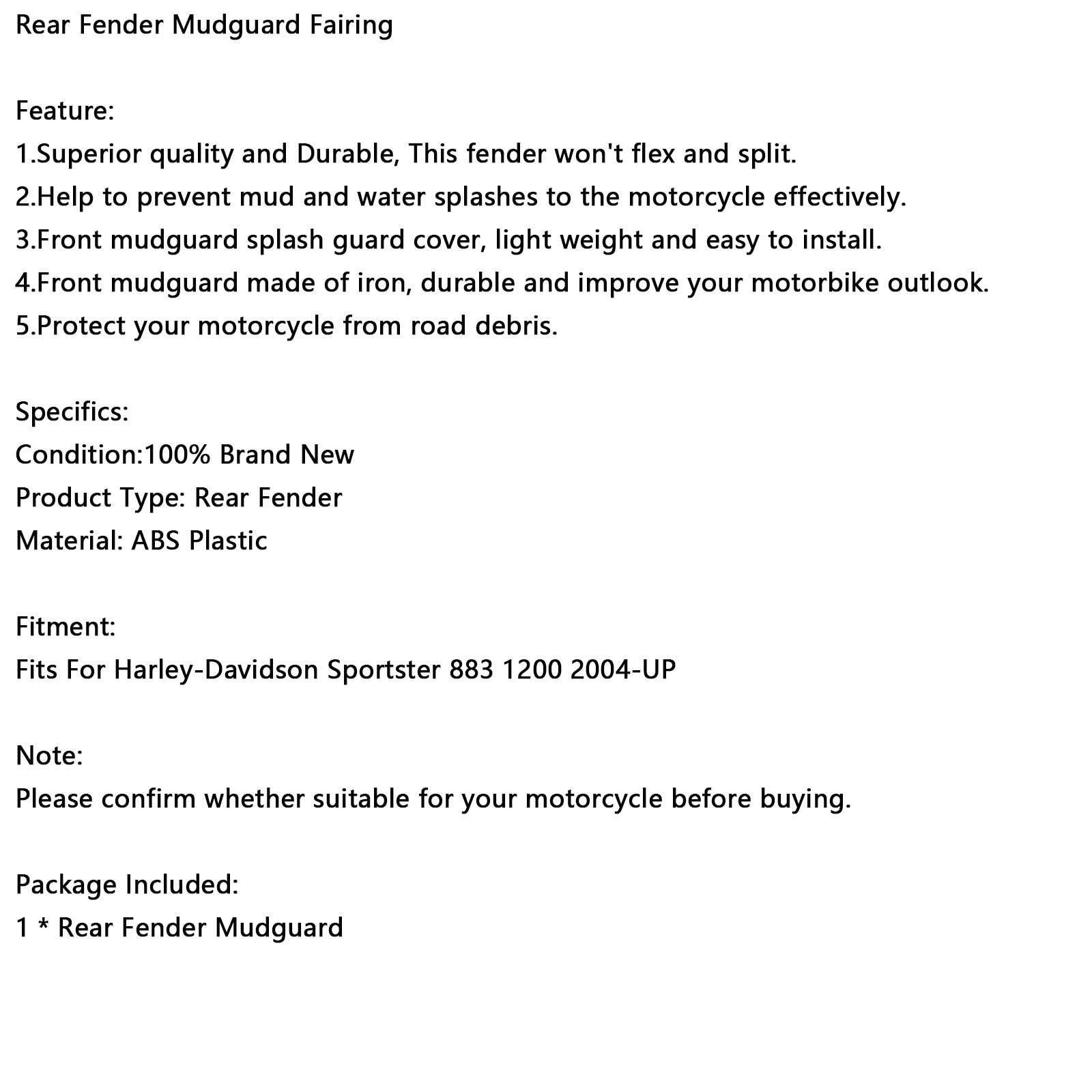 Rear Fender Mudguard Fairing For Sportster 883 1200 2004-UP