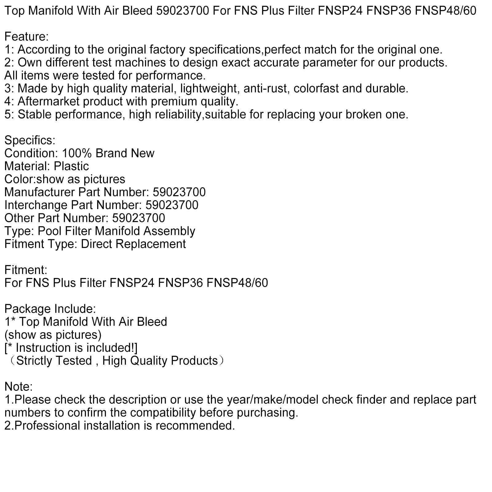 Top Manifold With Air Bleed 59023700 For FNS Plus Filter FNSP24 FNSP36 FNSP48
